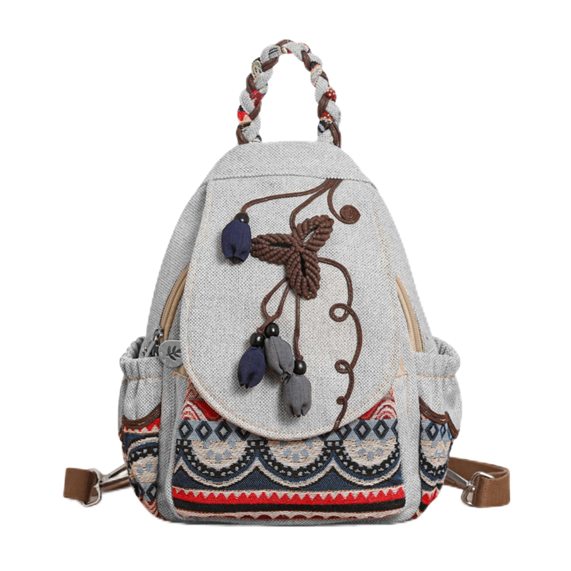 DIRRONA Damenrucksack Canvas Rucksack Damen Boho Vintage Kleiner Rucksack Damen Convertible Schultertasche Crossbody Brusttasche Damen Tagesrucksack für Reise Freizeit Nebelgrau Ethno