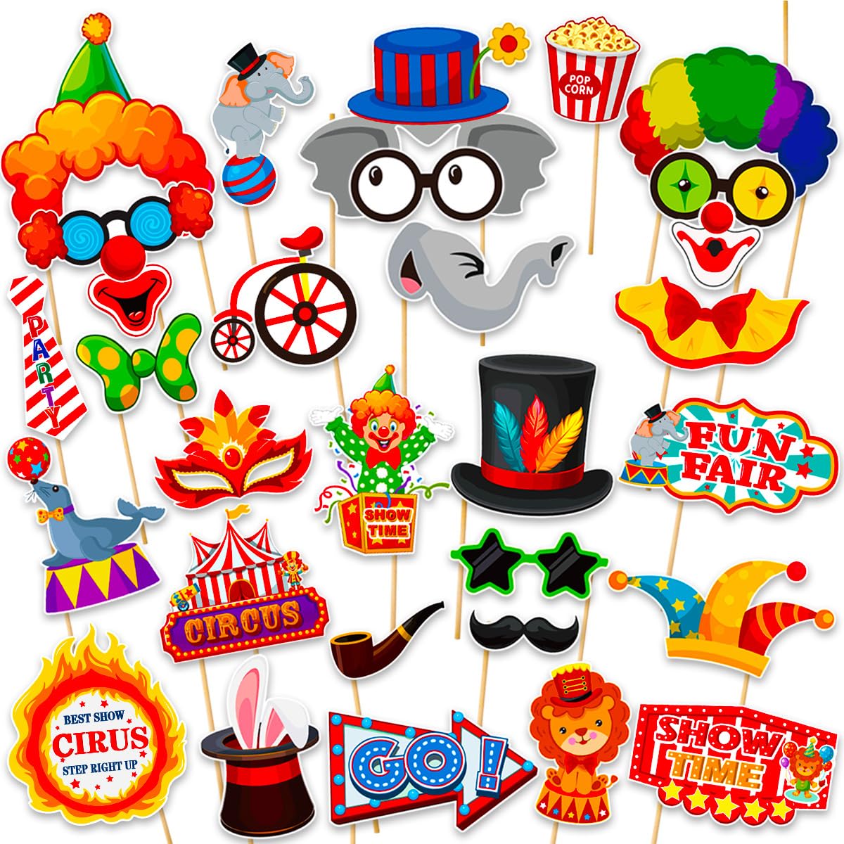 Dusenly Multicolor Circus Carnival Photo Booth Props 27Pcs Funny Diy Kit Clown Props For Birthday, Bachelorette, Wedding Party Decorations
