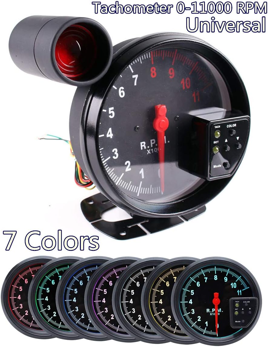 Universal 5" 7 Color Carbon Fiber Tachometer 11K RPM Tach Gauge Shift