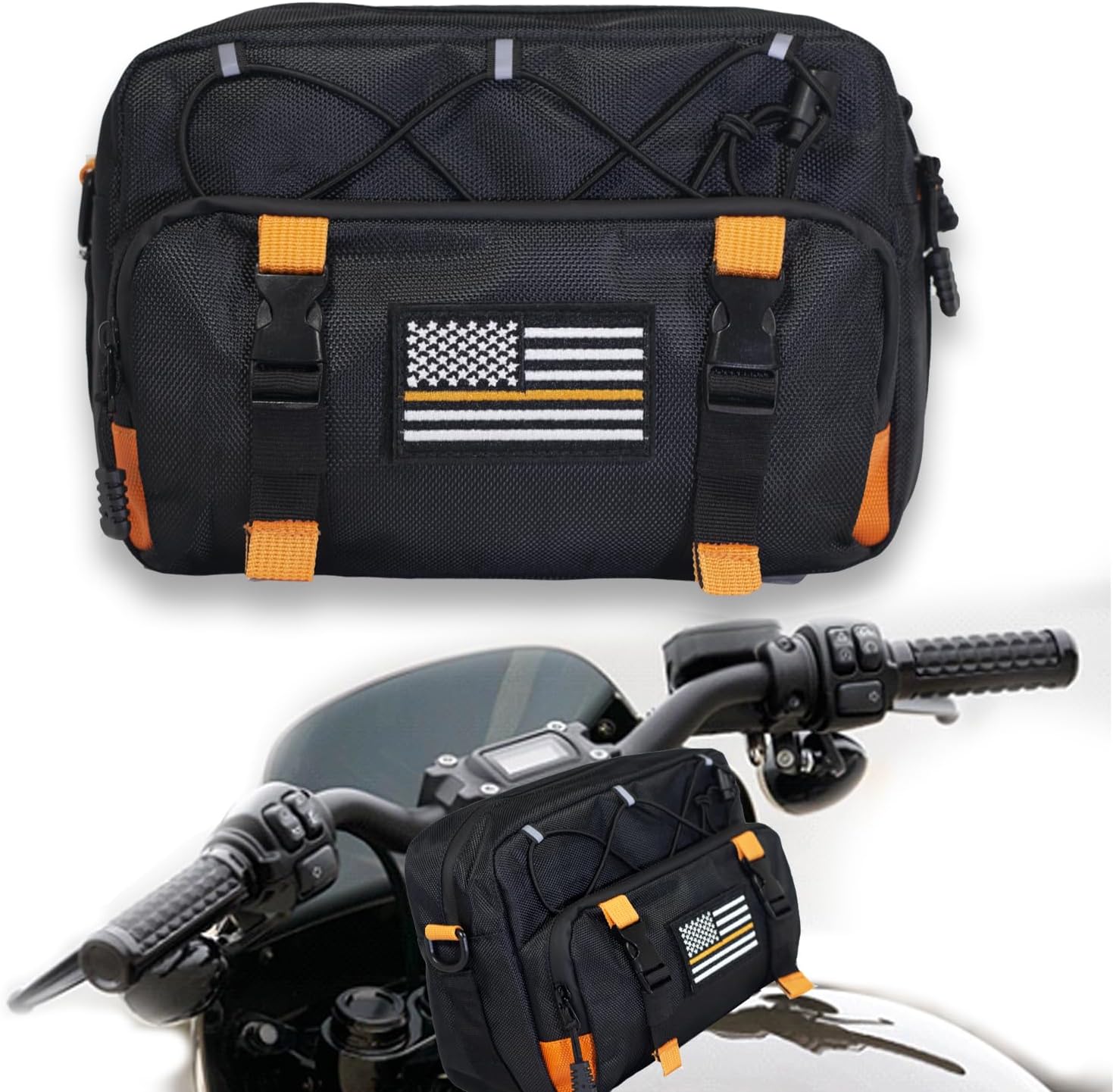 Universal Black Motorcycle Handlebar Bag - Water-resistant American Flag 1680D Tool Bag for Motorbike, Cruiser, Softail, Dyna, Sportsters, Dirt Bike, ATV