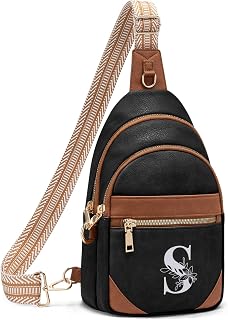 Viverte Anti Theft Sling Bag for Women Birthday Gifts Personalized Initial Crossbody Chest Bags RFID Travel Purses for Mom Wife (Black With Brown-S)
