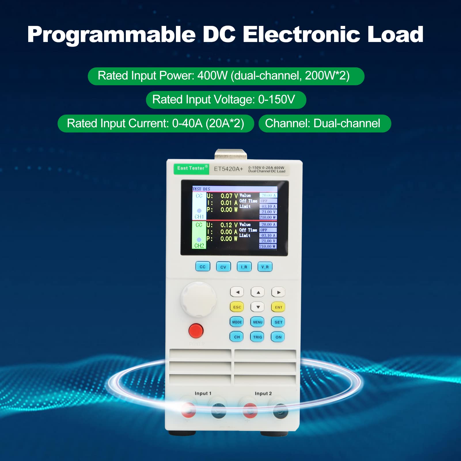 Irfora ET5420A+ Programmierbare elektronische Zweikanal-DC-Last 150 V 20 A * 2 200 W * 2 Programmierbarer elektronischer Zweikanal-DC-Lasttester CC CV CR CP CC + CV CR + CV-Modus