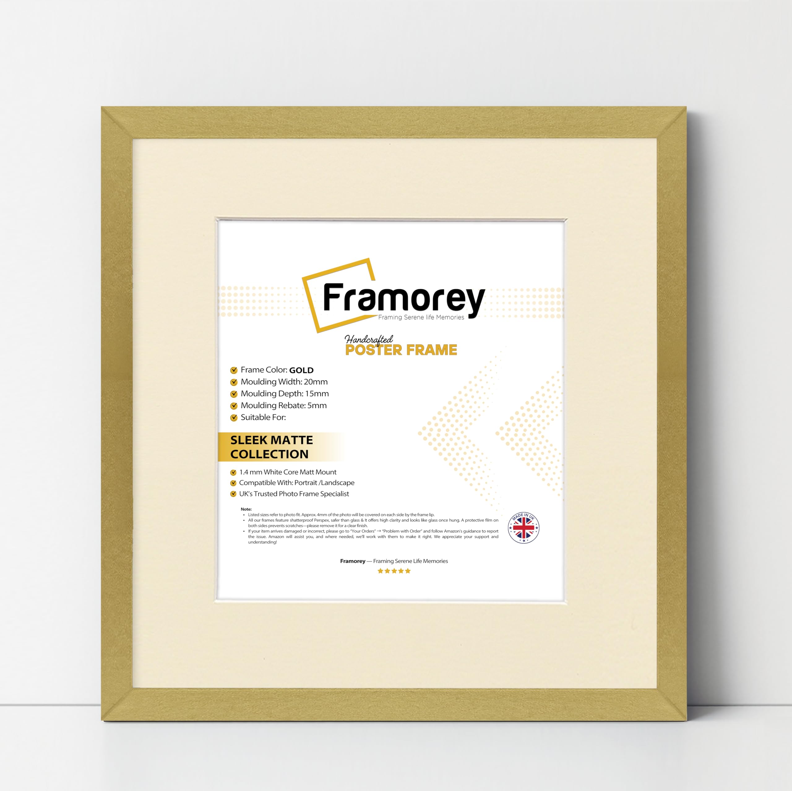 FRAMOREY Square Size Thin Matt Photo, Handmade Flat Thin Picture Frame, 11x11" Size Gold Picture Frame With 9x9" Size Ivory Mount, Photo Print Frames