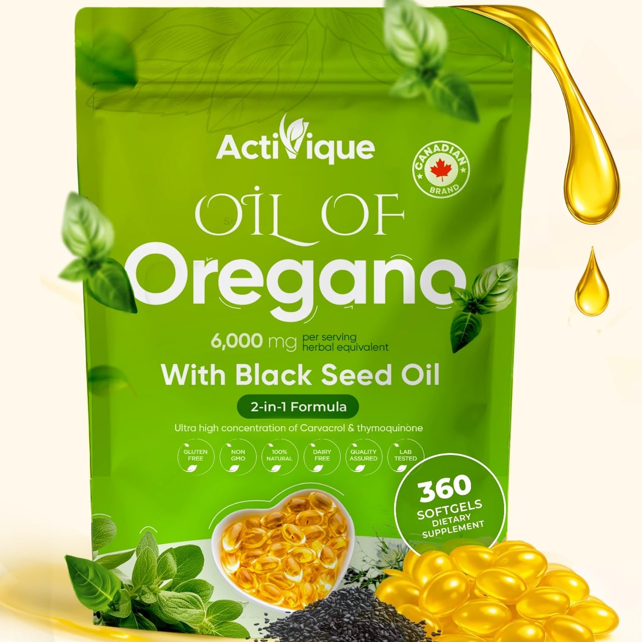Activique’s Oil of Oregano with Black Seed Oil, 4X Strength Carvacrol & Thymoquinone, 2 in 1 Oregano Supplement for Immune Health, Plant Based, Non-GMO, Antioxidant & Immune Support, 360 Softgels