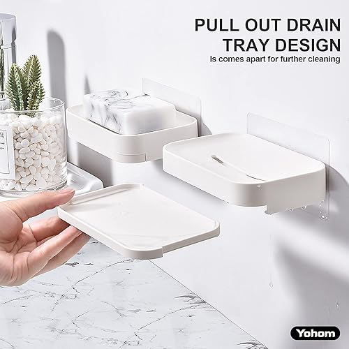 Miniatura 4 de YOHOM Jabonera adhesiva con bandeja de drenaje, barra de ducha blanca, soporte para jabón montado en la pared para baño, soporte para bandeja de