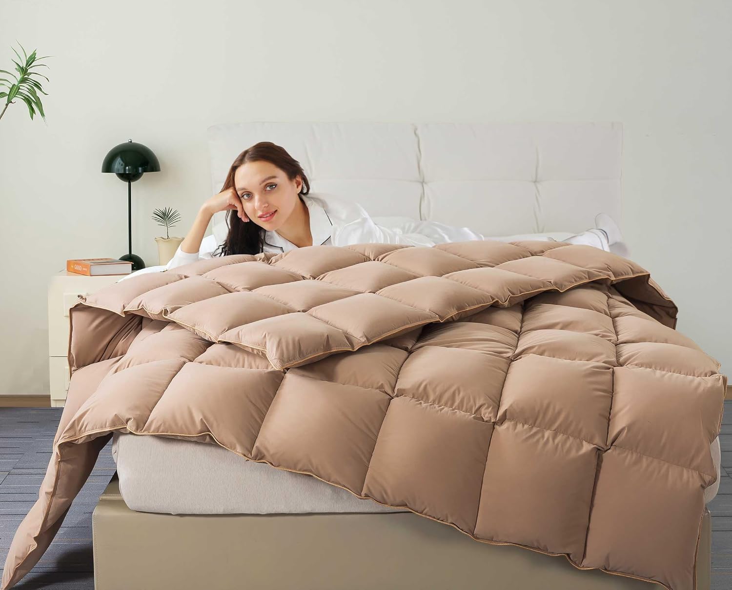 Puffy White Feather Comforter Queen Size with Feathers Down Fiber Filled, All Season Feather Duvet Insert, 100% Cotton Luxury Hotel Collection, 8 Corner Loops Khaki Queen