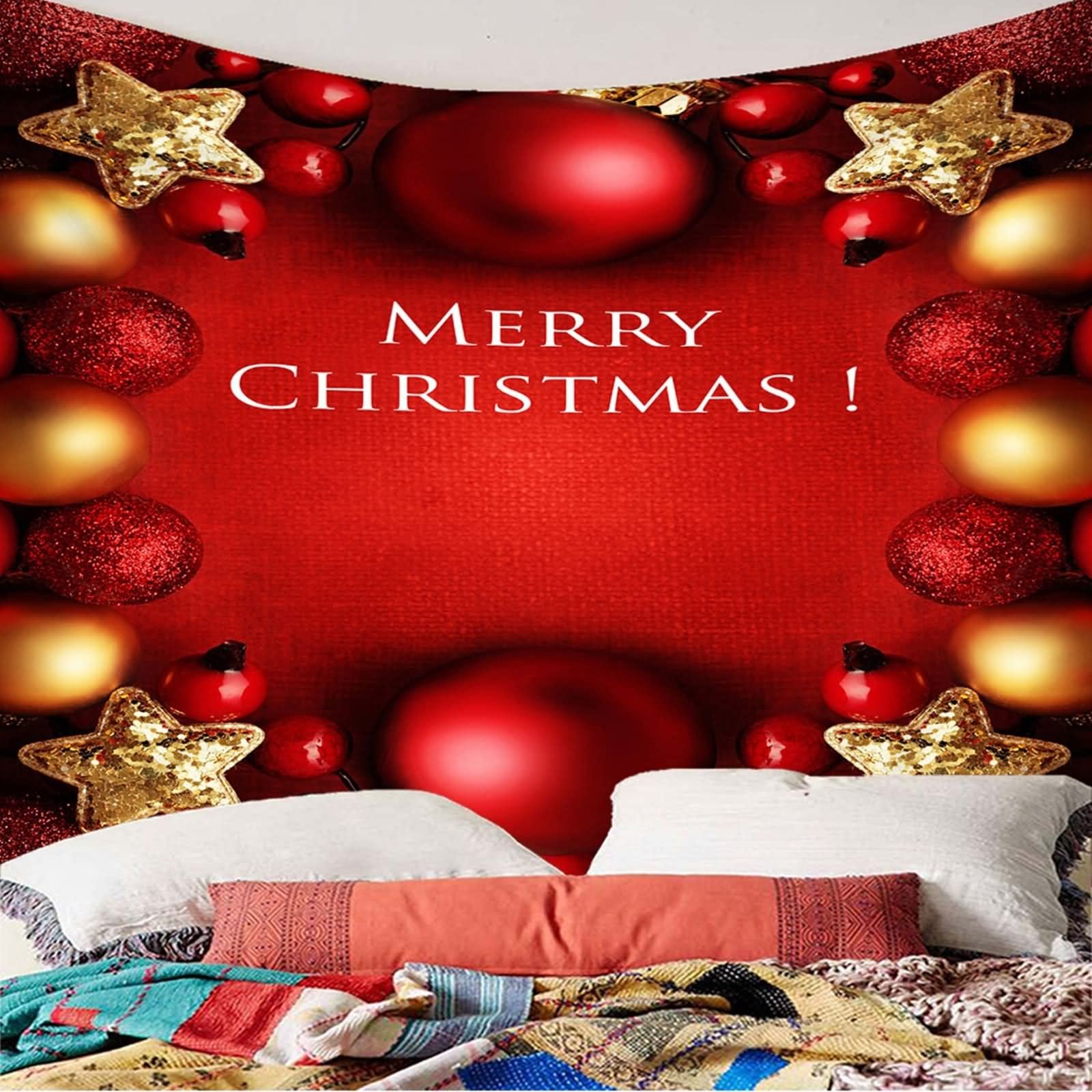Tapices Tematicos, Tapices de Pared Bolas y Estrellas Navideñas Merry Christmas Rojo Amarillo Poliéster 350X256cm
