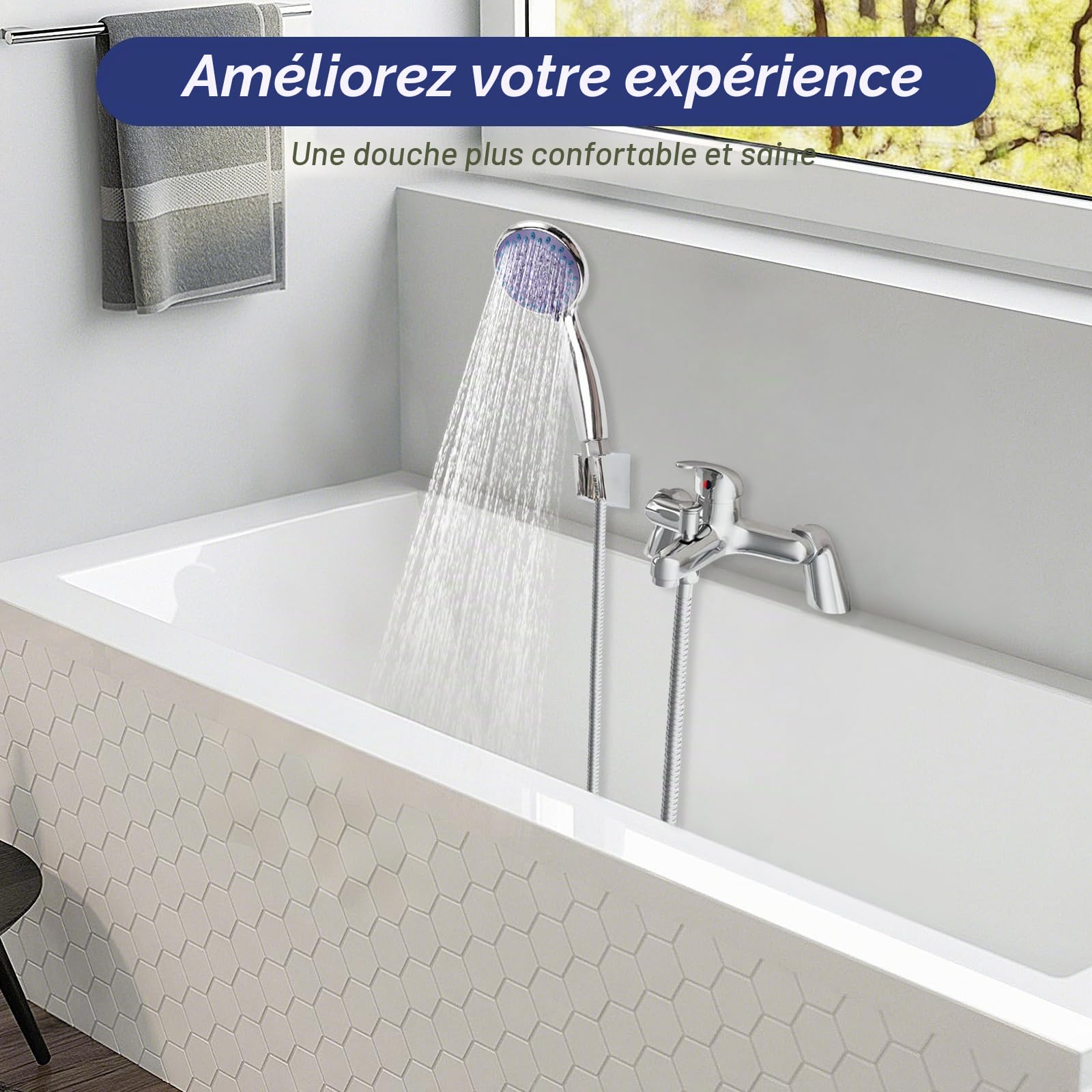 Robinets de baignoire avec pommeau de douche à main et tuyau de 1,5 m | Robinet de baignoire à montage sur plate-forme à poignée unique. Ensemble de remplissage pour baignoire et douche