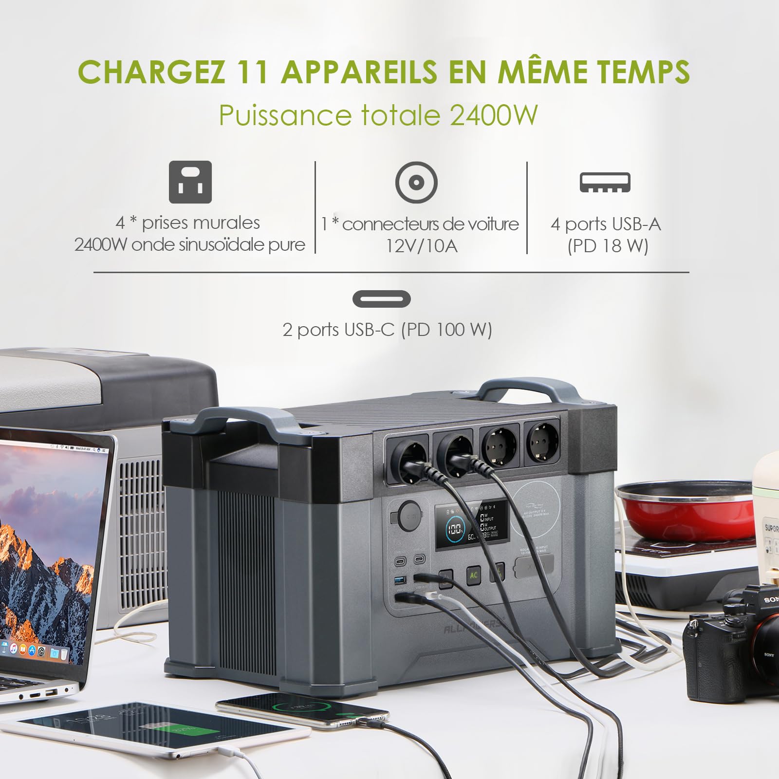 ALLPOWERS S2000Pro Station électrique portable 2400W 1451Wh (crête 4000 W), 0 à 100% en 1,5 heure, fonction UPS, générateur solaire pour camping, panne de camping-car, courant, extérieur