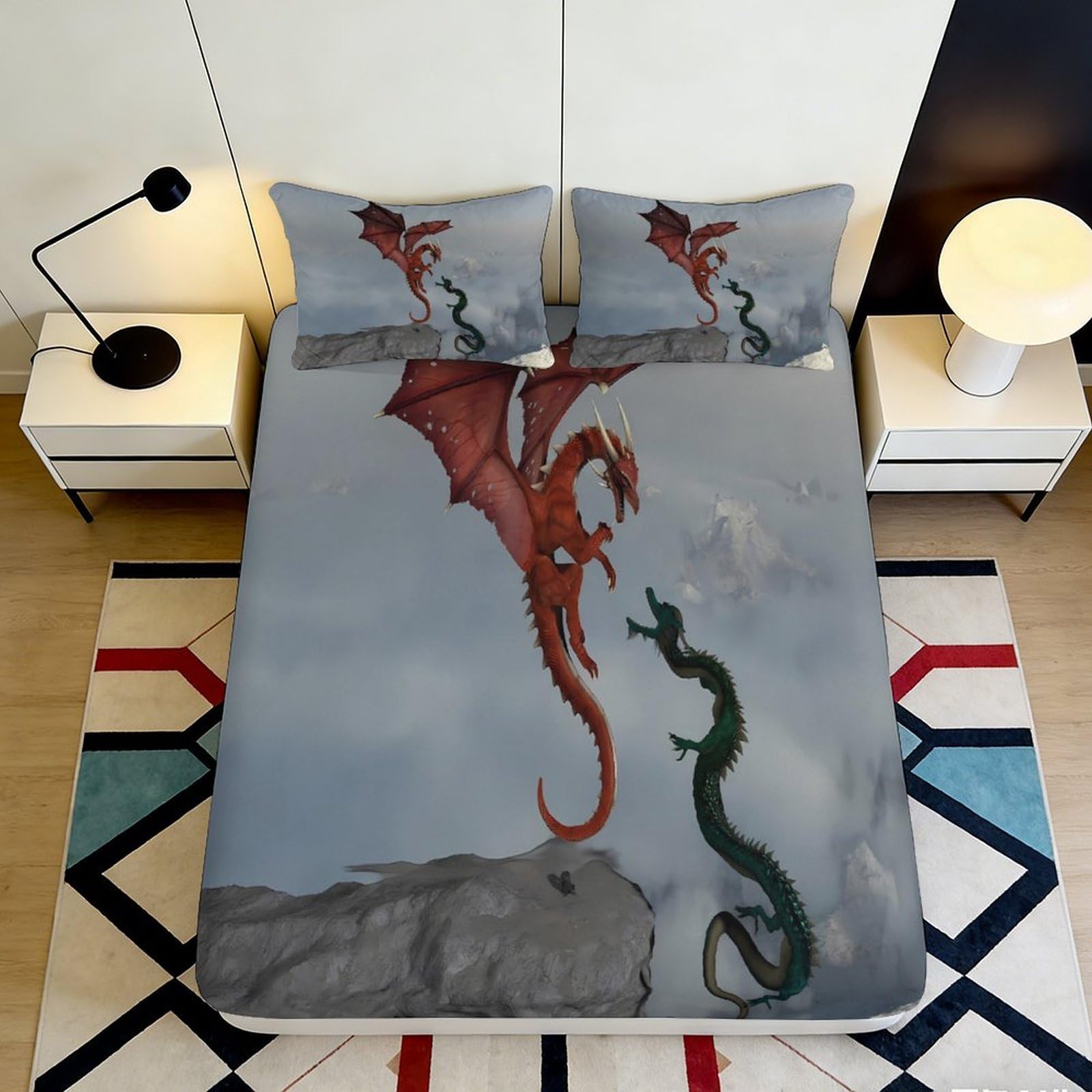3D Printed Dragon Battle Fitted Sheet Microfiber Soft Breathable Fantasy Serpent Mattress Cover for Bedroom Dorm Decor 90x200x25cm
