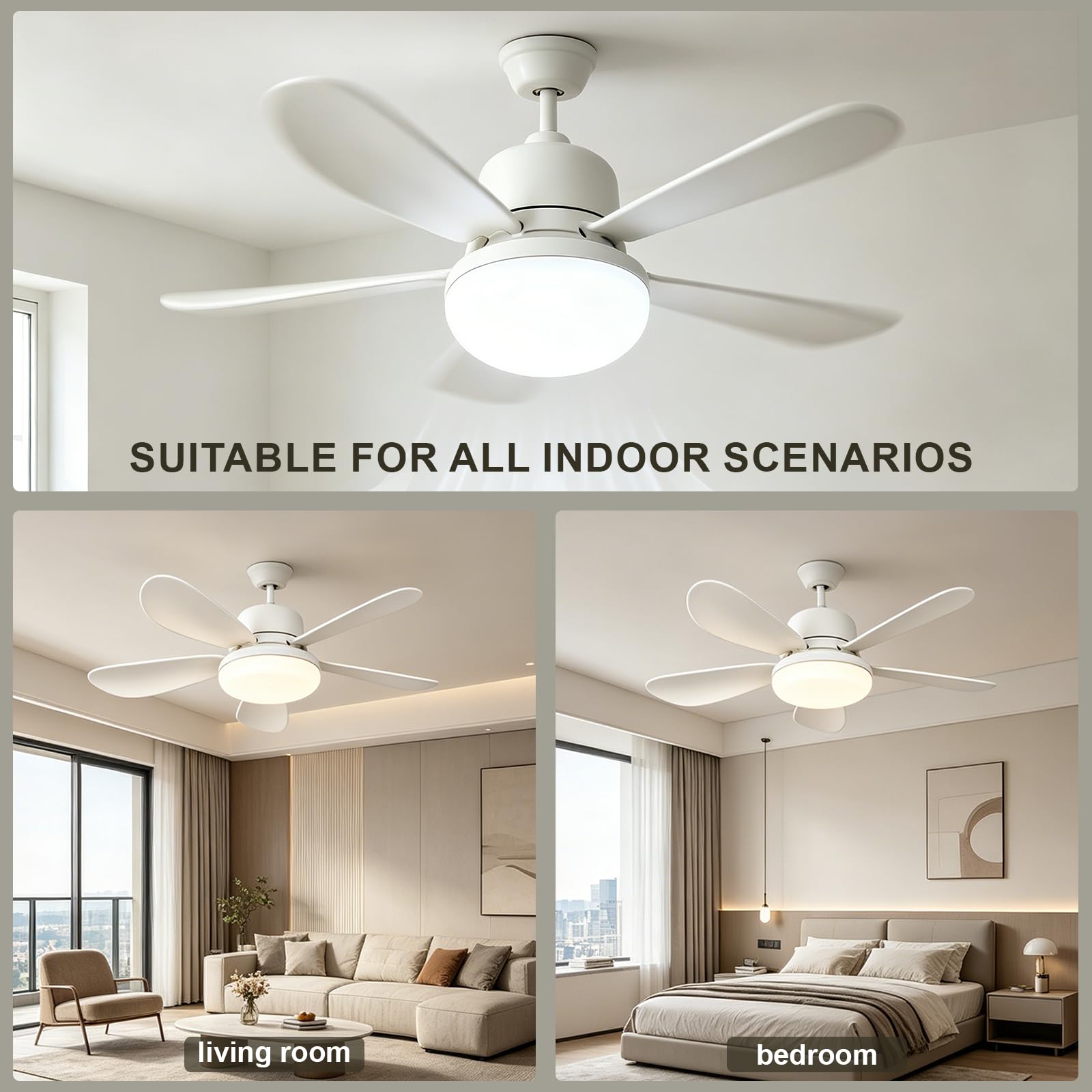 Ventilateur de Plafond avec Lumière et Telecommande, 52CM 40W Ventilateur de plafond silencieux E27 avec 3 niveaux, lampe LED dimmable, 3 Vitesses, minuterie 2/4h, 5 Pales,52*52*18.5cm (A+B22)