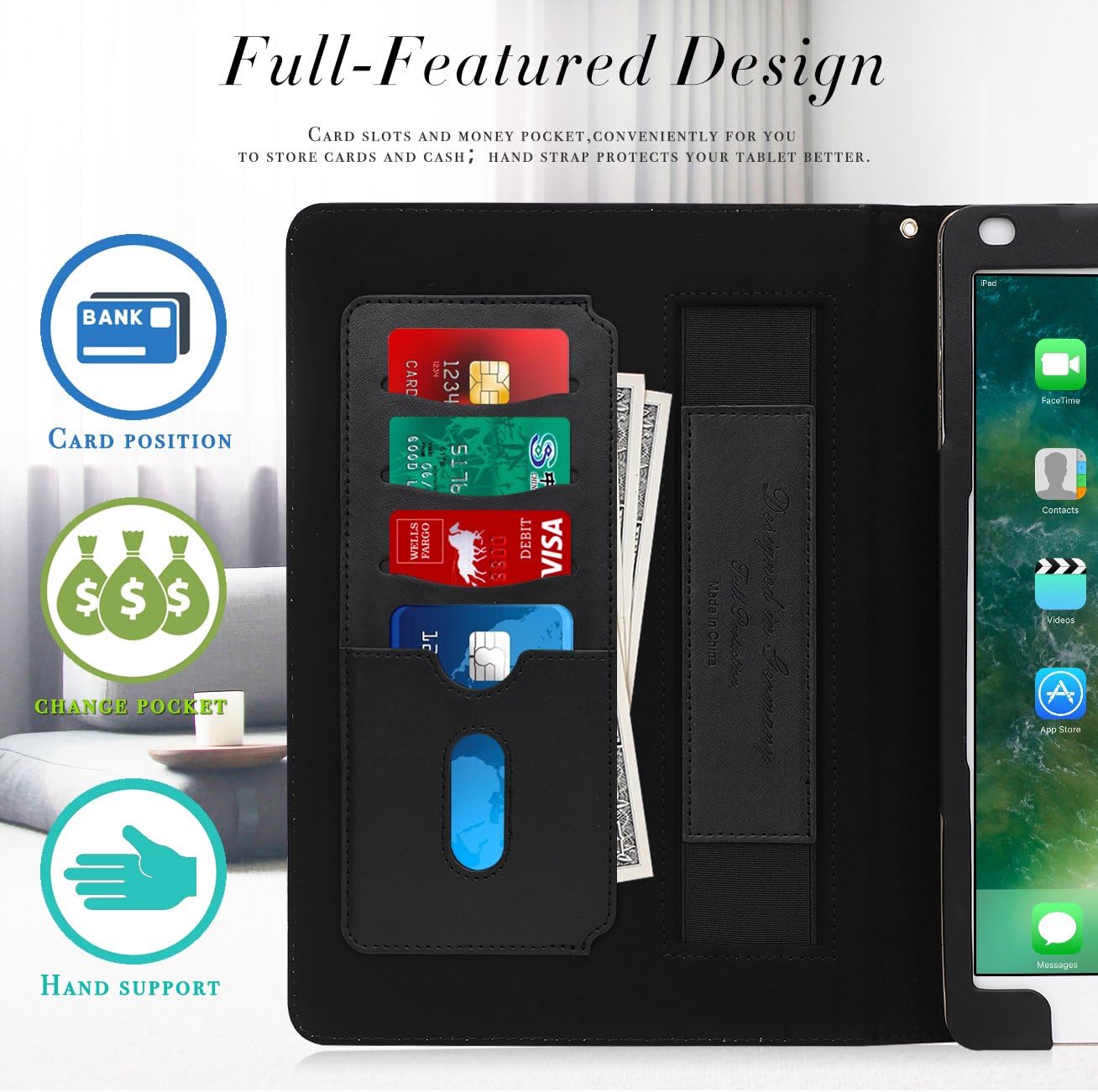 FYY [Leather Case] with [Apple Pencil Holder] for Apple iPad 9.7 2018/2017/iPad Air 2/iPad Air, Flip Folio Stand Case Protective Cover with [Auto Sleep Wake], Multiple Stand Angles, Card Slots Black