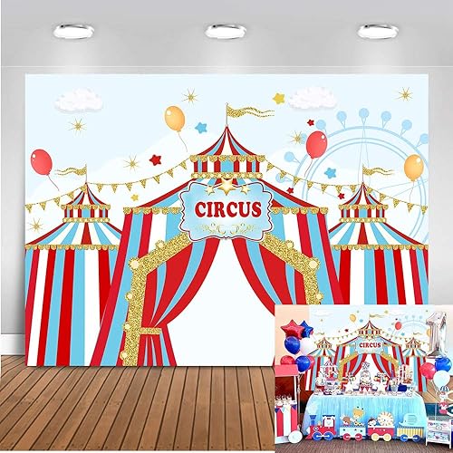 Art Studio Telón de fondo de fotografía de fiesta de cumpleaños para niños, cielo azul, rojo y blanco, a rayas, rueda de la fortuna, baby shower,