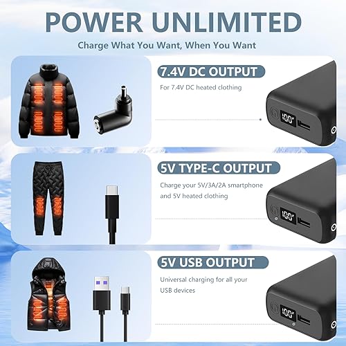 Miniatura 2 de Chaleco térmico de batería de 18400 mAh y 10000 amh para ORORO y Venustas, banco de energía de 7.4 V5 V para chaleco térmico con salida DCUSBType-C
