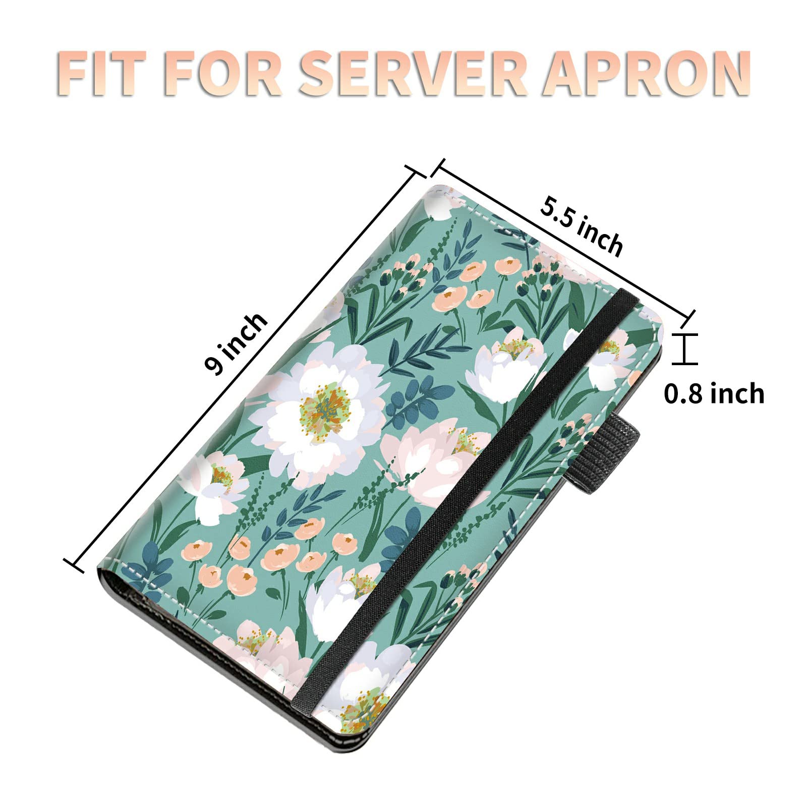 High Volume Server Books, Flowers Blue Server Book w/ 2 Expandable Pockets 9 x 5 Cute Waitress Book Zipper Pocket & Strap Closure Waitstaff Organizer Server Booklet Waiter Money Wallet