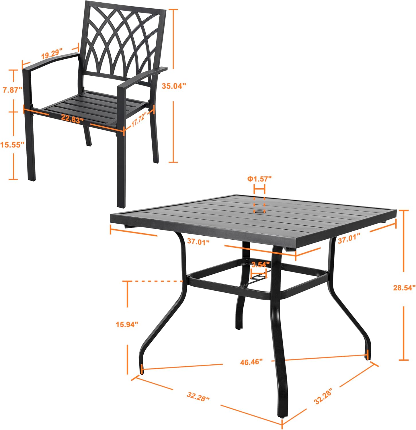 NUU GARDEN 5 Piece Outdoor Dining Set, Metal Patio Dining Chairs Stackable and Square Dining Table with Umbrella Hole for Backyard, Deck, Yard, Garden, Black
