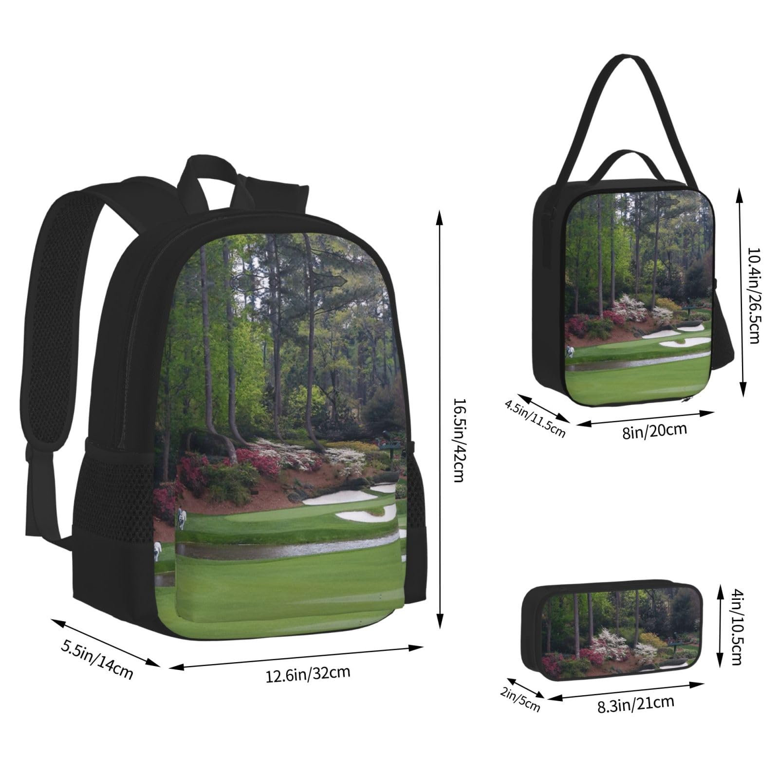 Juego de 3 mochilas escolares con estampado de campo de golf, mochila para laptop resistente al agua de gran capacidad con bolsa de almuerzo aislada y estuche para lápices para adolescentes de