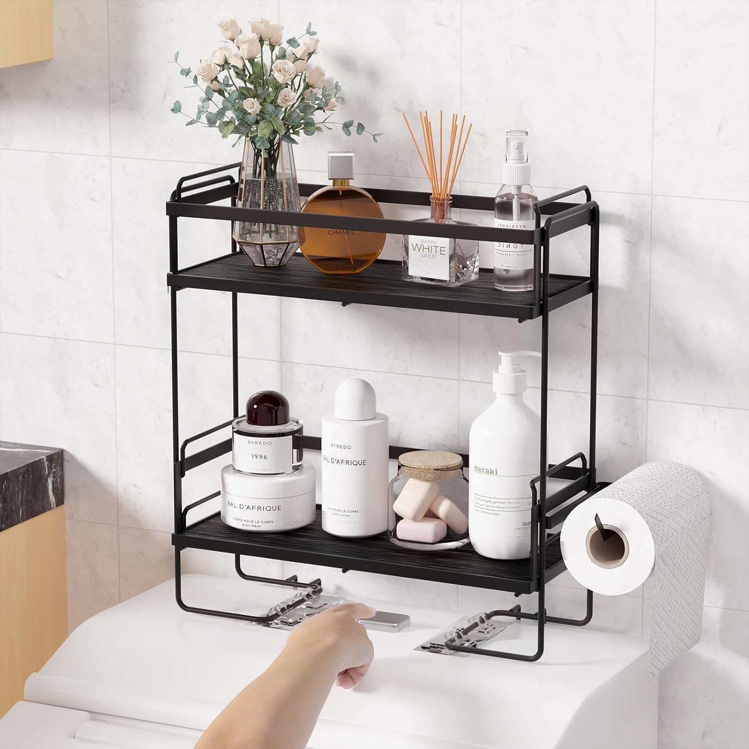NUTSAAKK 2-Tier above Toilet Storage, Bathroom Organizer, Over The Toilet Storage Shelf, Back of Toilet Rack,Behind Toilet Shelf, Bathroom Organizer for Space Saver, Gifts for Women, Black