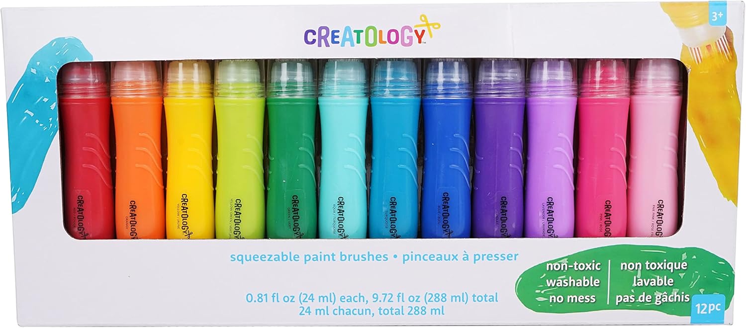 Creatology Squeezable Paint Brushes – Washable, Pre-Filled with Paint, Assorted Colors, No-Mess Painting for Kids, 12 Pack