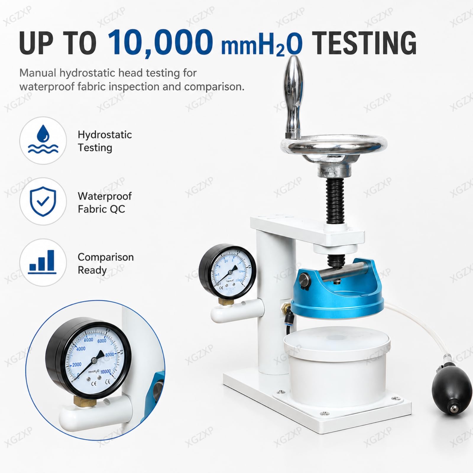 Hydrostatyczny tester ciśnienia do tekstyliów, wodoszczelna tkanina tekstylna, zakres ciśnienia 0,01 – 0,1 MPa, obszar roboczy 78,5 cm², do torebek plastikowych, ubrań, namiotów, płaszczy