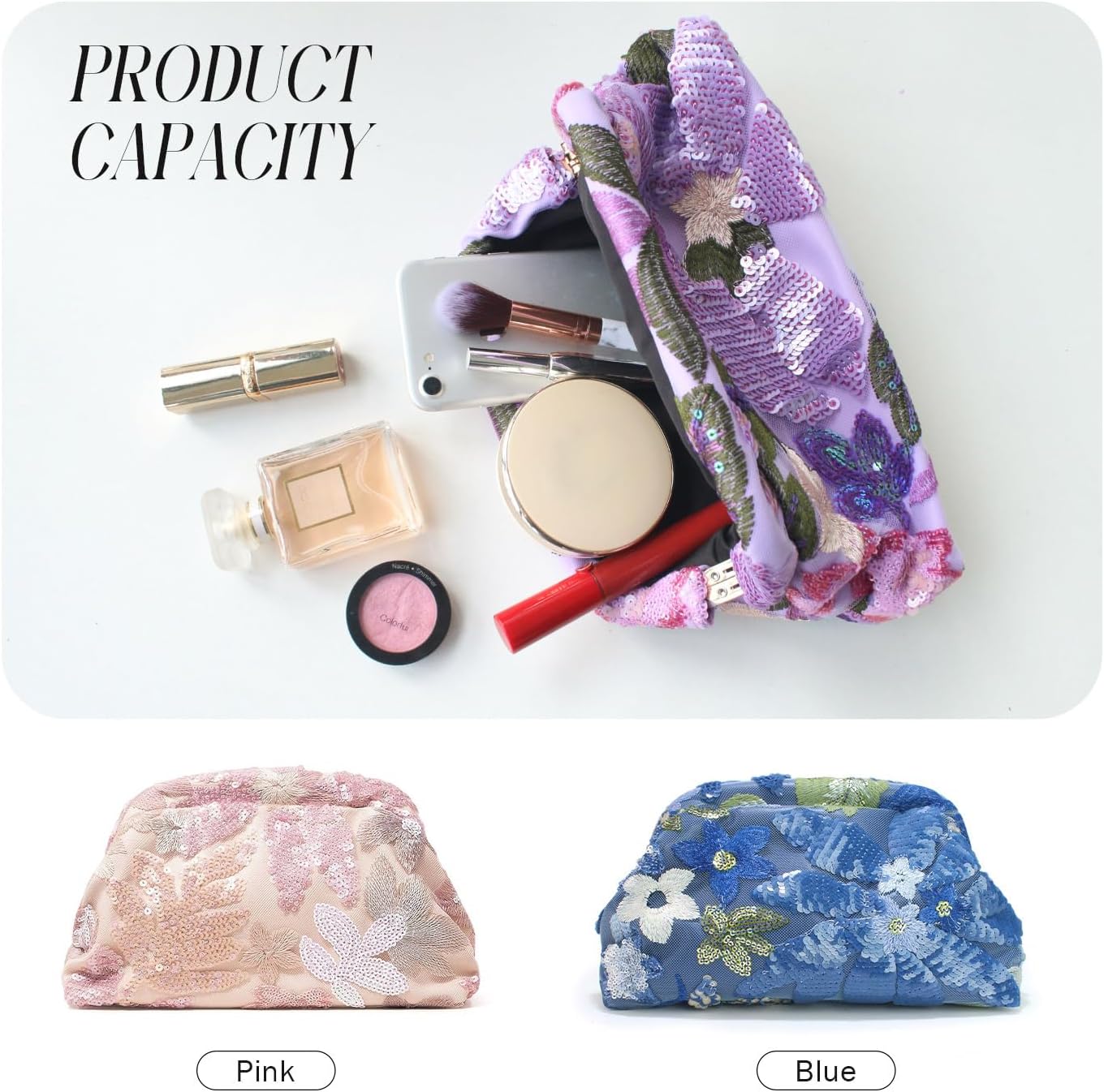 Women's Floral Embroidery Sequin Beaded Evening Bag Dumpling Clutch Purse No Strap Handbags for Wedding Party Prom