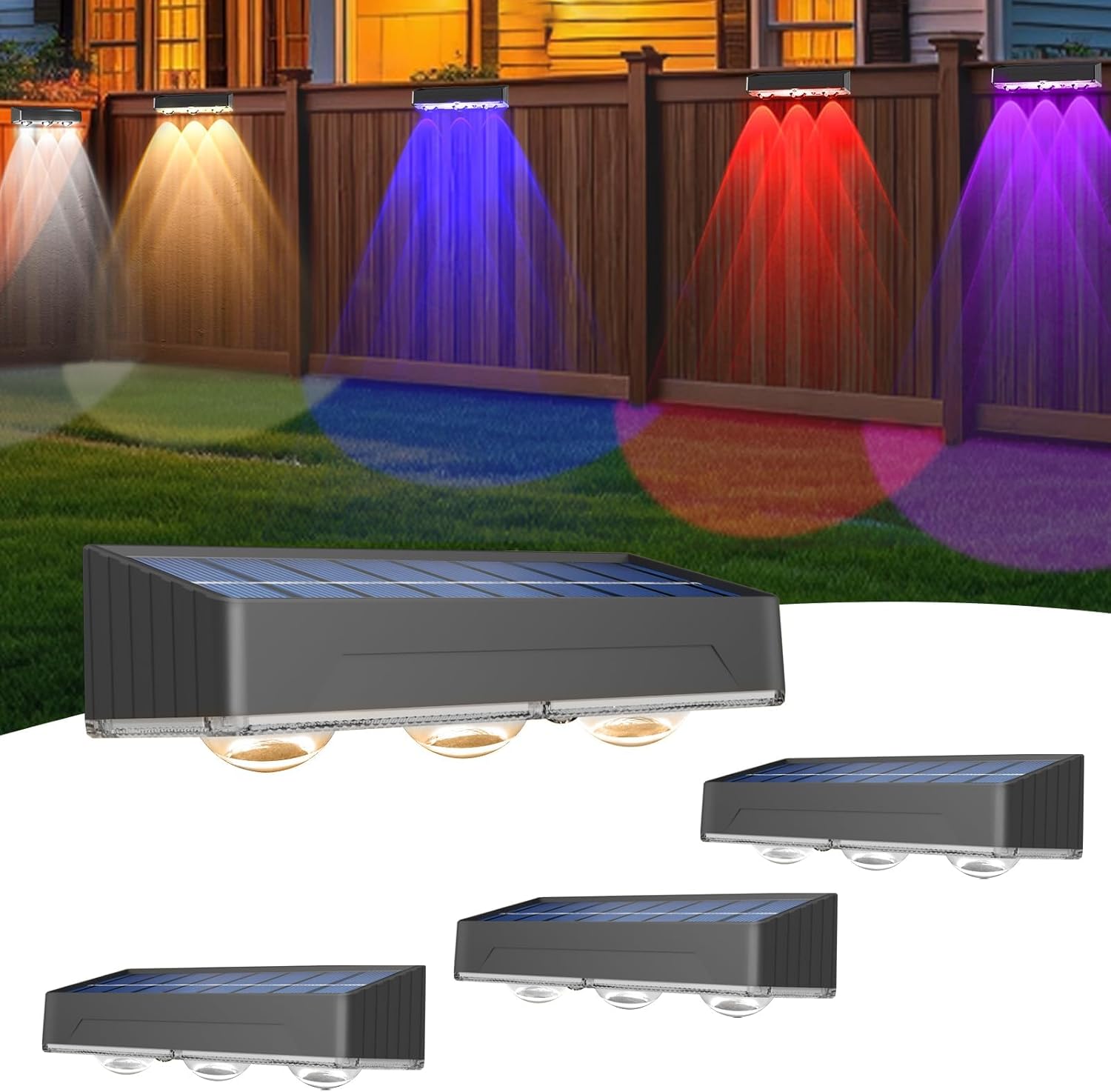 RGB Solar Fence Light, 10 Colors Outdoor Lighting Set, 2 Modes Solar Powered LED Lights, IP65 Waterproof Solar Wall Lights, Screw Wall Mount Step Light, Auto On Off Dusk to Dawn Deck Light