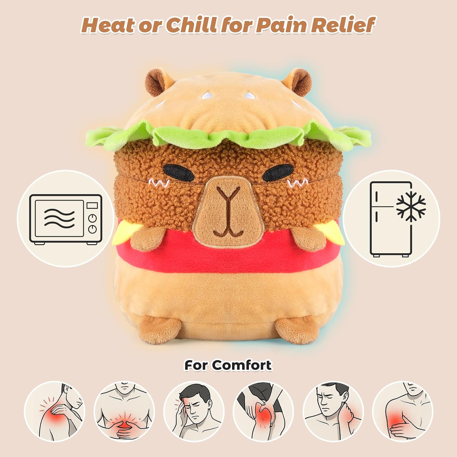 Microwavable & Coolable Hamburger Capybara Stuffed Animal – Heating Pad for Period Cramps Relief Muscle Pain & Anxiety Cute Capybara Plush Toy for Comfort & Warmth Gifts for Adults & Kids - Image 5