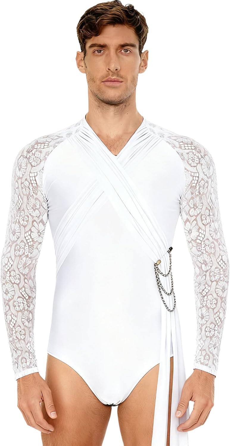 TiaoBug Men's Ballroom Dance Shirt Sheer Lace Long Sleeve Leotard Bodysuit for Ballet Latin Chacha Gymnastics