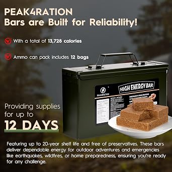 PEAK4RATION High Energy Bar | Long Shelf-Life Compressed Biscuits – Caramel Cinnamon | 3kg (12x250g Metal Tin) | 13728 kcal Outdoor & Emergency Ration Bar | Hardtack Compact Survival Preparedness Food