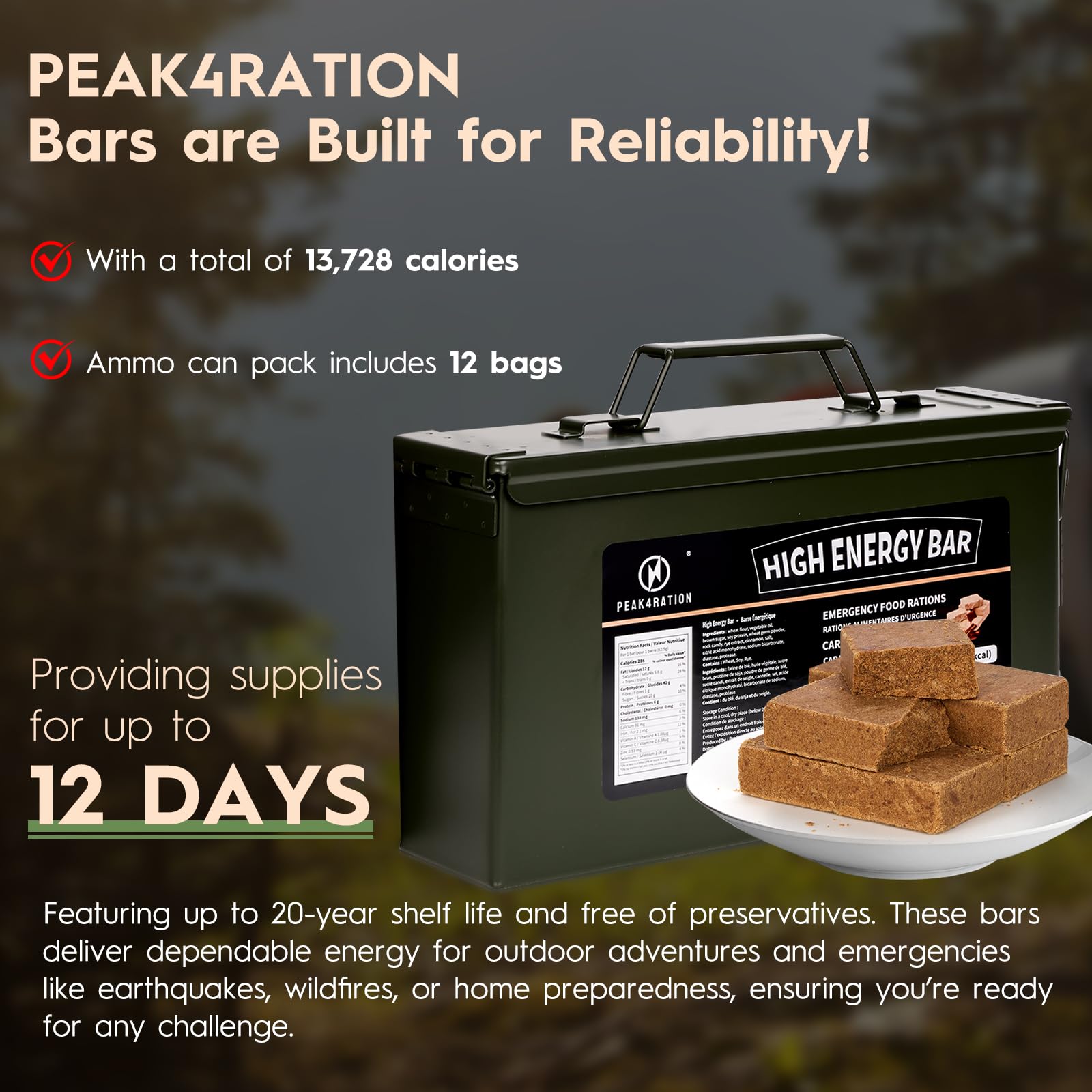 PEAK4RATION Barra de alta energía | Galletas de ración de emergencia - Canela caramelo, 3 kg (paquetes de 12 x 250 g) 13728 kcal | Galletas comprimidas de larga vida útil hasta 12 días de suministro