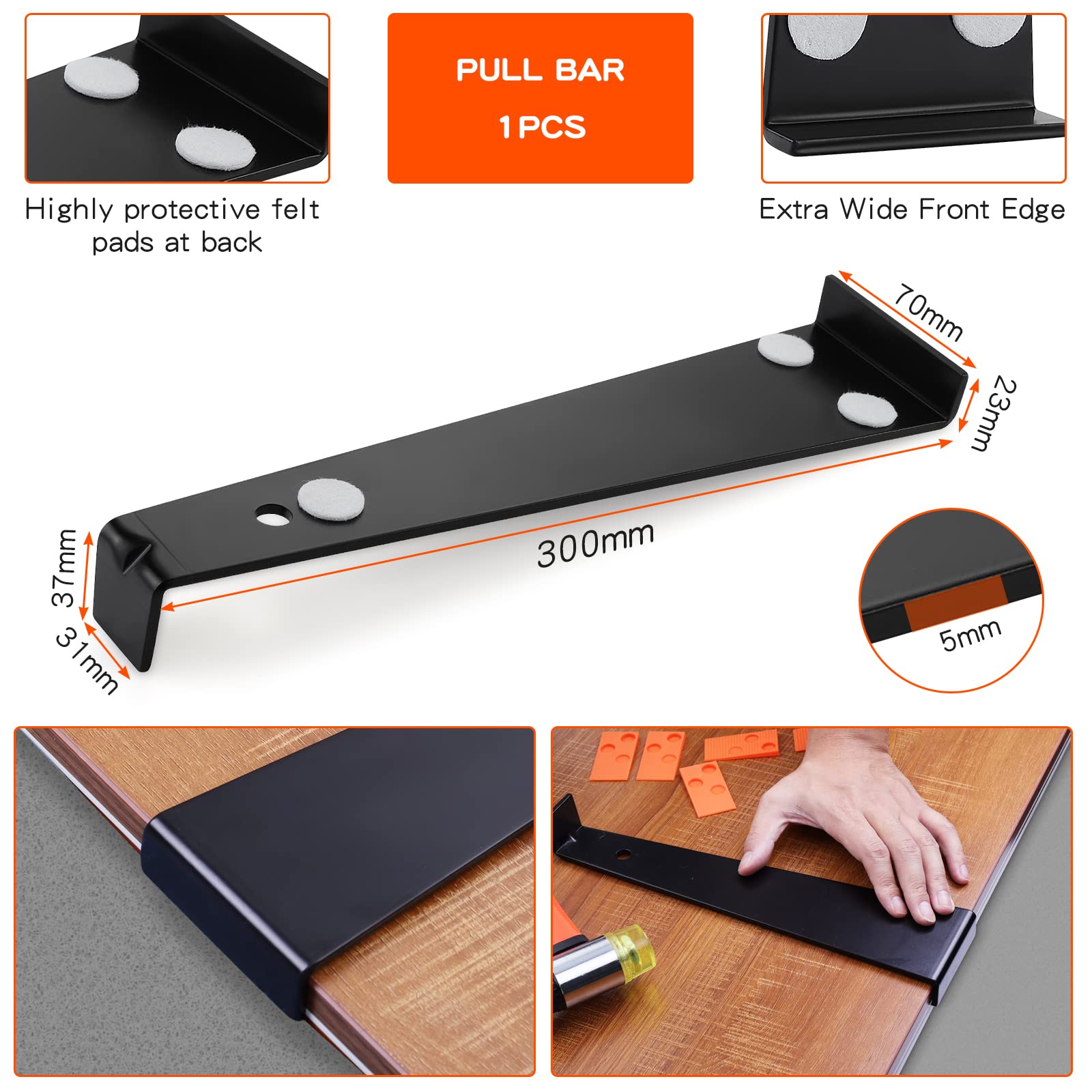 Laminat Holzboden Verlegeset Dielenboden Montagewerkzeug mit 40 Abstandshaltern Heavy Duty Zugstange Solid Tapping Block Double Faced Hammer Foam Kneepads (Orange)