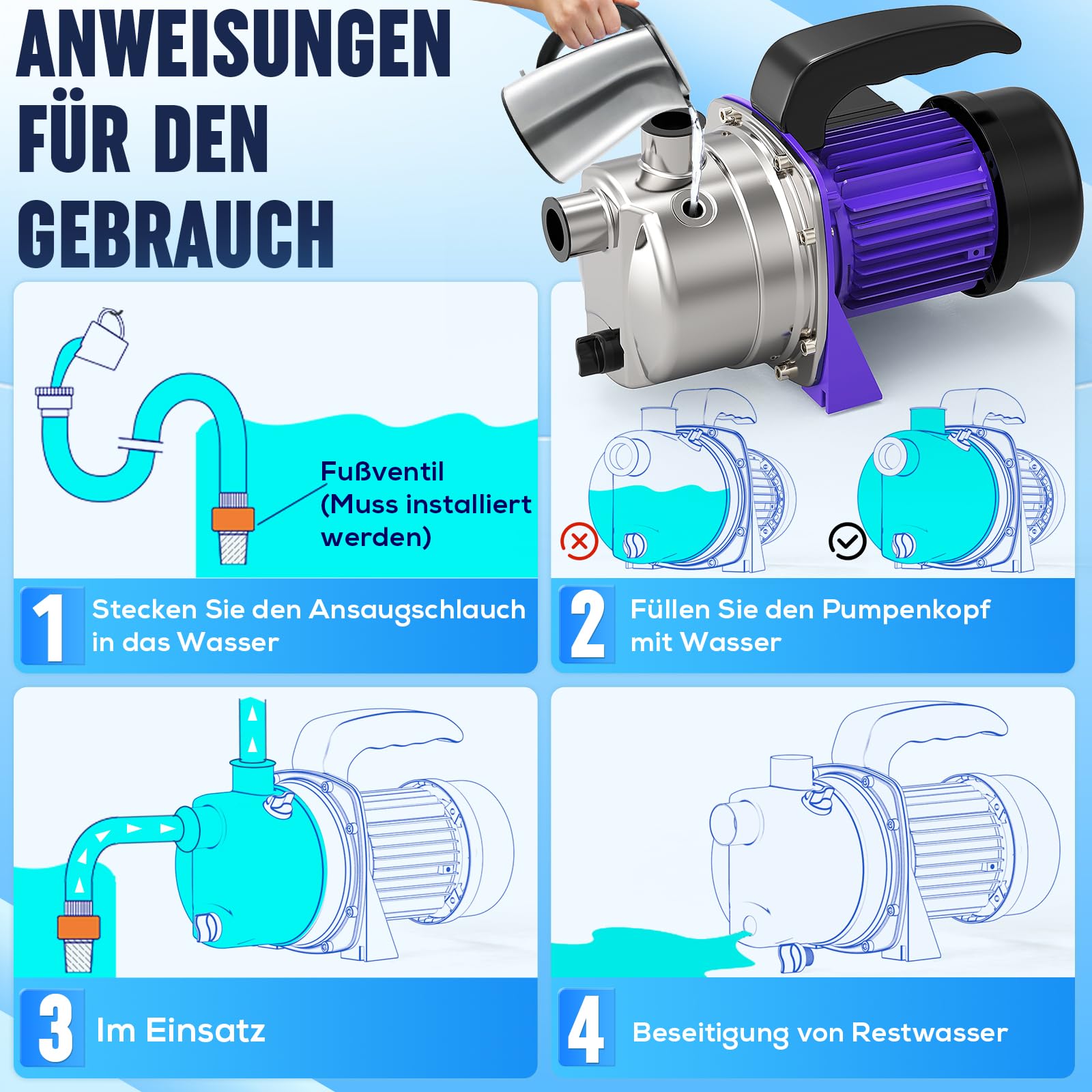 XDOVET Gartenpumpe 600W – Edelstahl-Tiefbrunnenpumpe mit Überhitzungsschutz – 4000 L/H – max. Förderhöhe 35m –Gartenpumpe für Rasen, Garten, Bauernhof