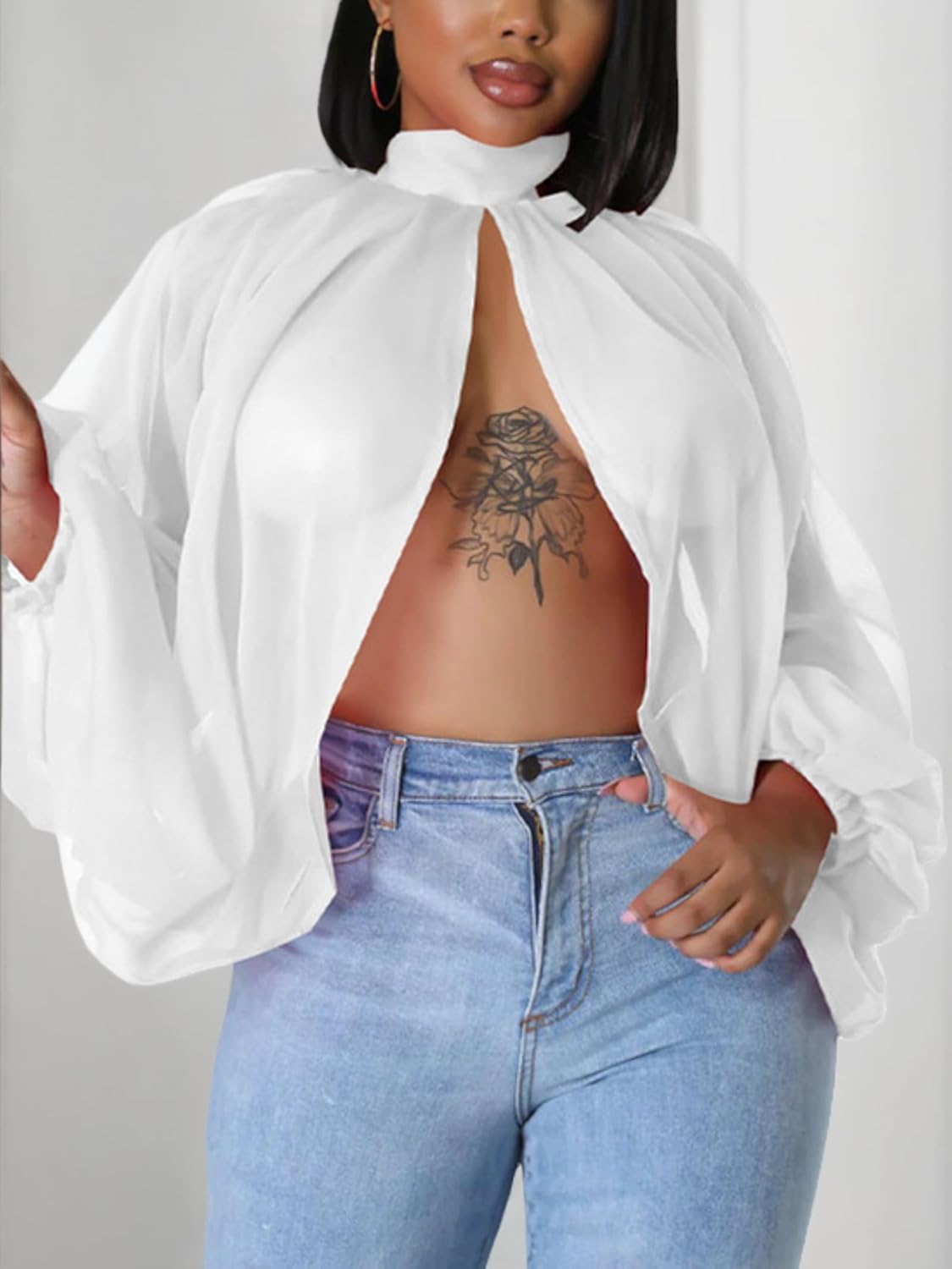 Sexy Tops for Women Party Club Night Batwing Sleeve Chiffon Sheer Self Tie Back Front Open Women Shirts Casual Summer - Image 6