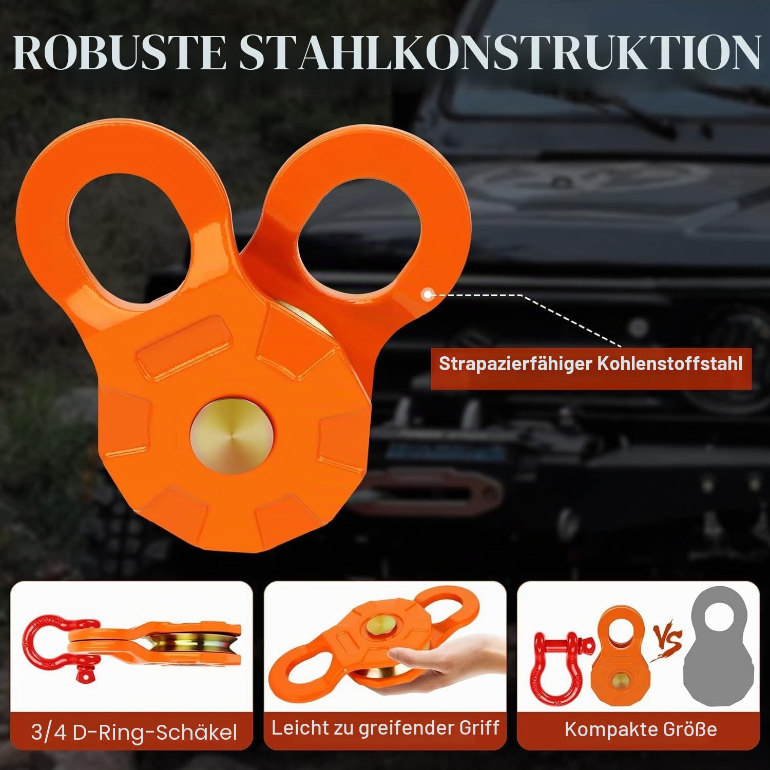 Umlenkrolle Snatch-Block für ATV und Utv Winch, 25,000 Lbs (12.5t) Mbs, Rettung von Fahrzeugen Hochleistungs-Windenrolle, Schnappblock Riemenscheibe für Synthetisches Seil oder Stahlkabel