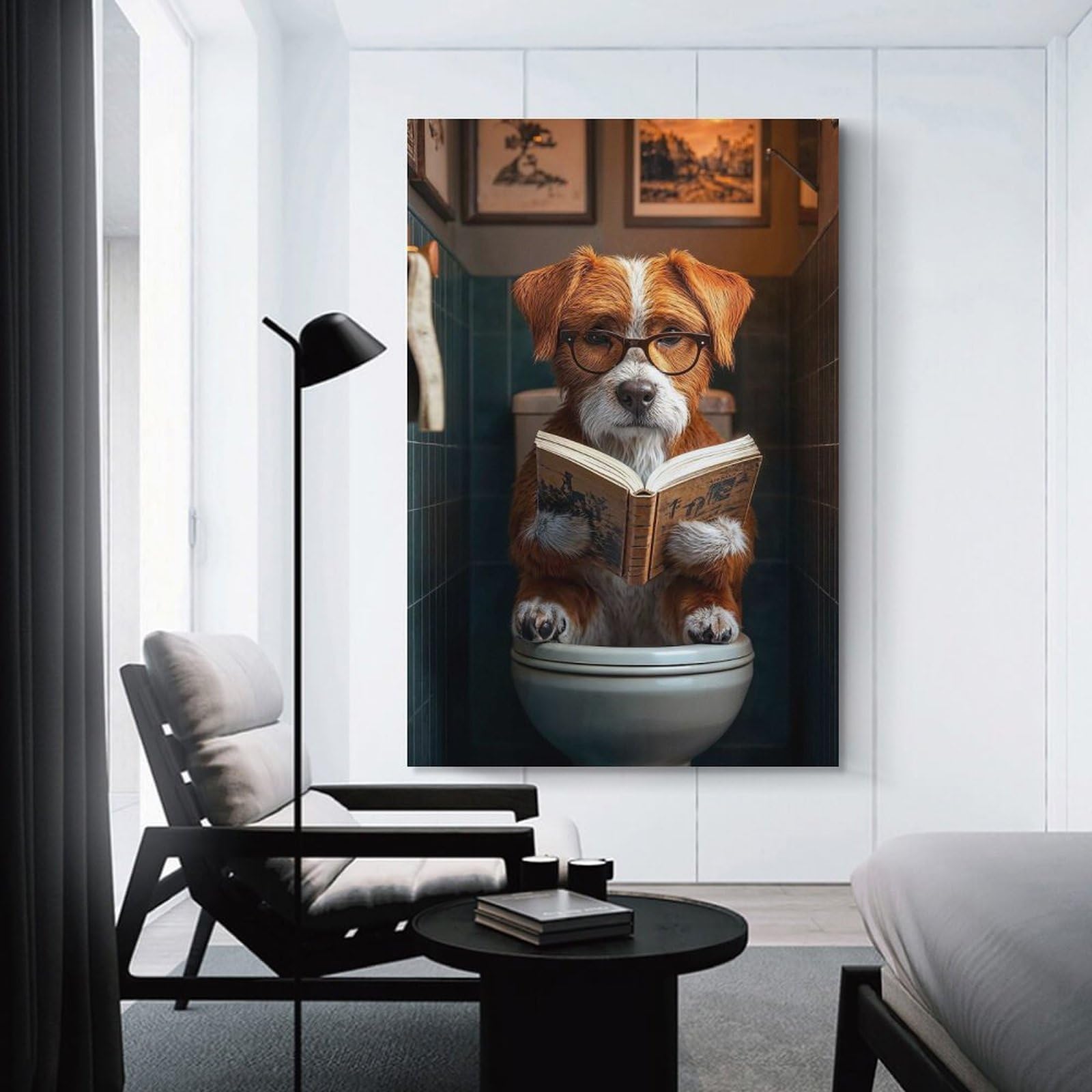 Junmoney Dog Reading on Toilet Decorative Wall Artwork 24x36inch(60x90cm), for Front Hall, Corridor Or Welcome Spaces, Decorative Wall Art for Narrow Spaces