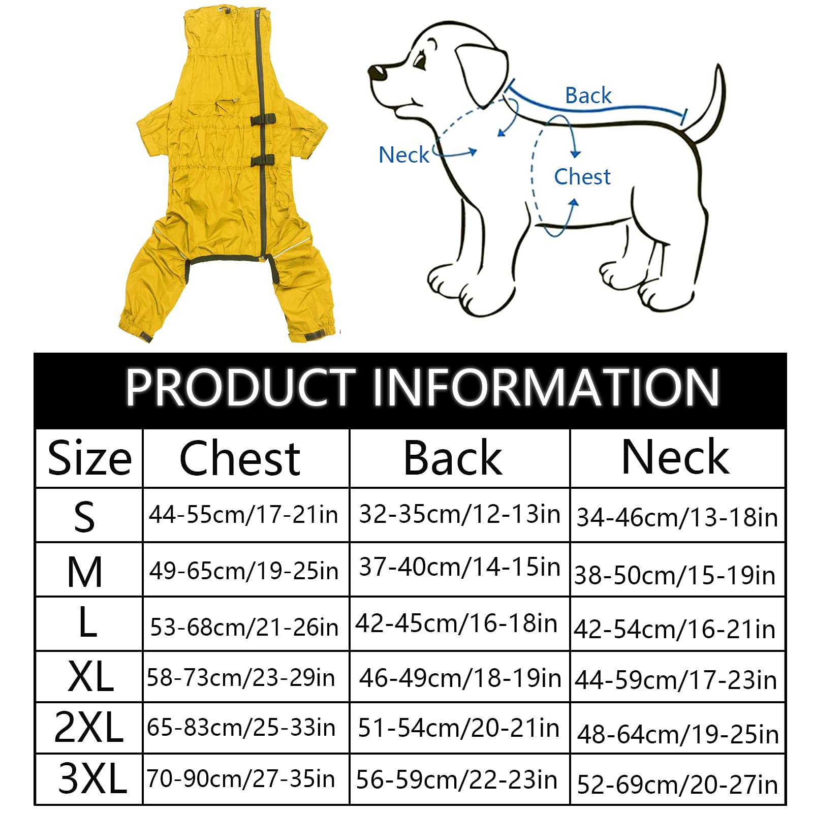 MOREZI Impermeabile per cani a collo alto, cappotto per cani impermeabile a quattro zampe, cerniera posteriore e polsini elastici, facili da indossare e da togliere e comodi da indossare-Giallo-S