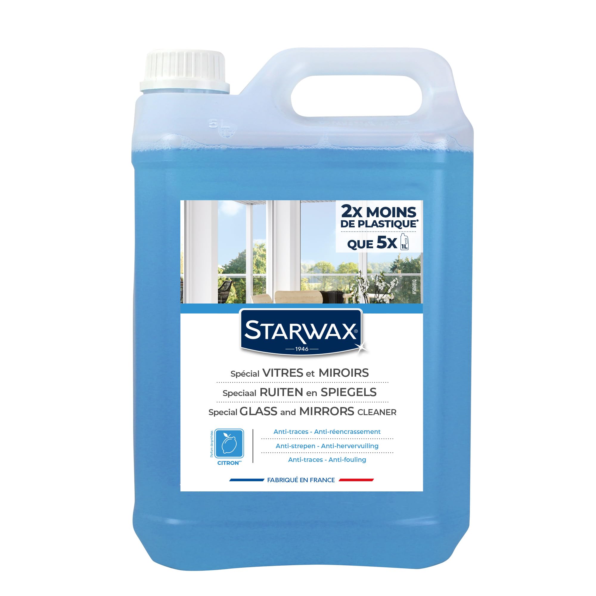 STARWAX - Special Glass and Mirror Cleaner - Degreases and Slows the Build-Up of Dirt - High Alcohol Content - Fresh Scent - Quick to Dry - Anti-streak - 5L