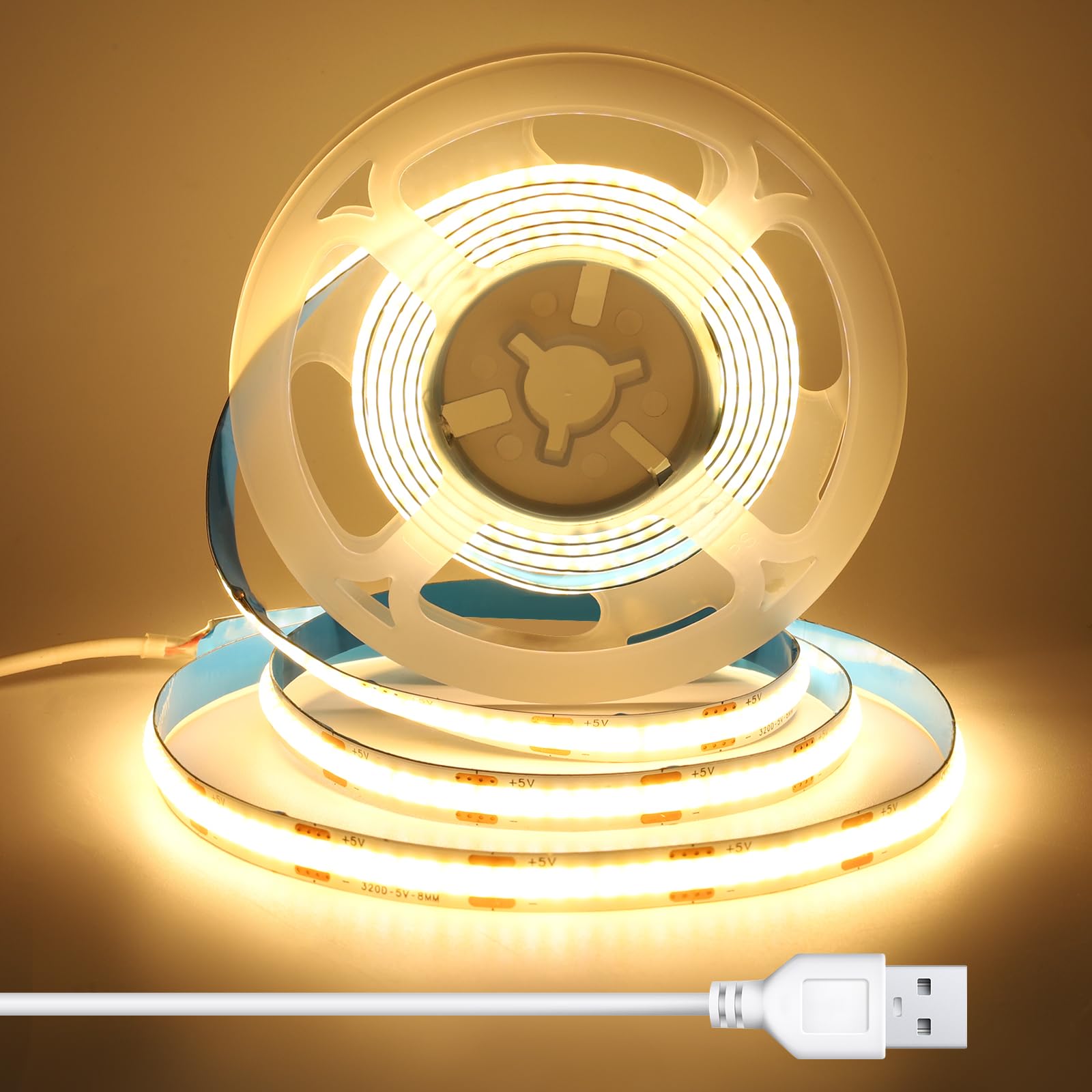 1m COB LED Streifen mit 1.5m USB Kabel, 8 mm Breit, CRI 92+, 5V LED Streifen Warmweiss für TV Hintergrundbeleuchtung, Kopfteil, Unterschrank, Selbstklebend LED Band für Indirekten Beleuchtung, 3000K