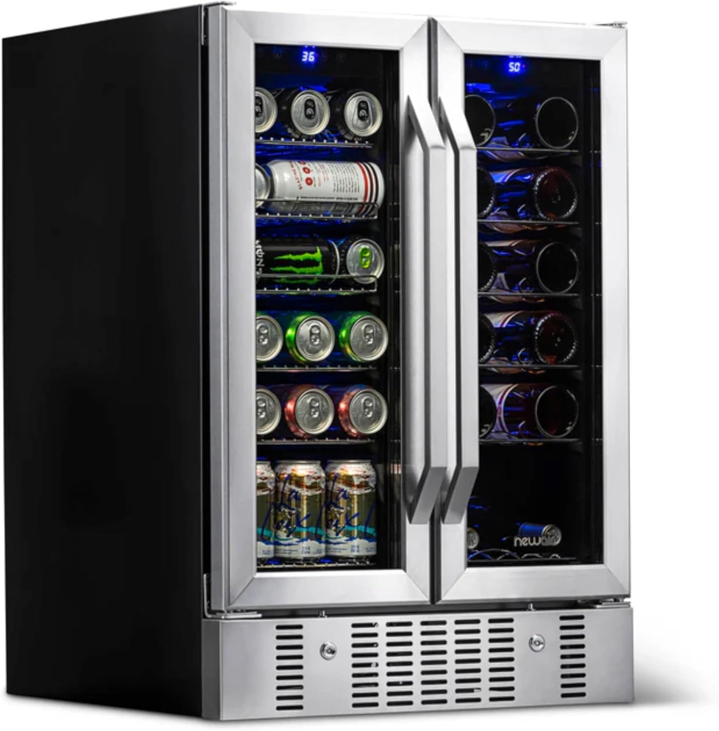 NewAir 24" Dual Zone Beverage Refrigerator & Wine Cooler for 18 Bottles & 60 Cans | Freestanding or Built-In Under Counter Mini Fridge for Beer, Wine and Soda | Stainless Steel