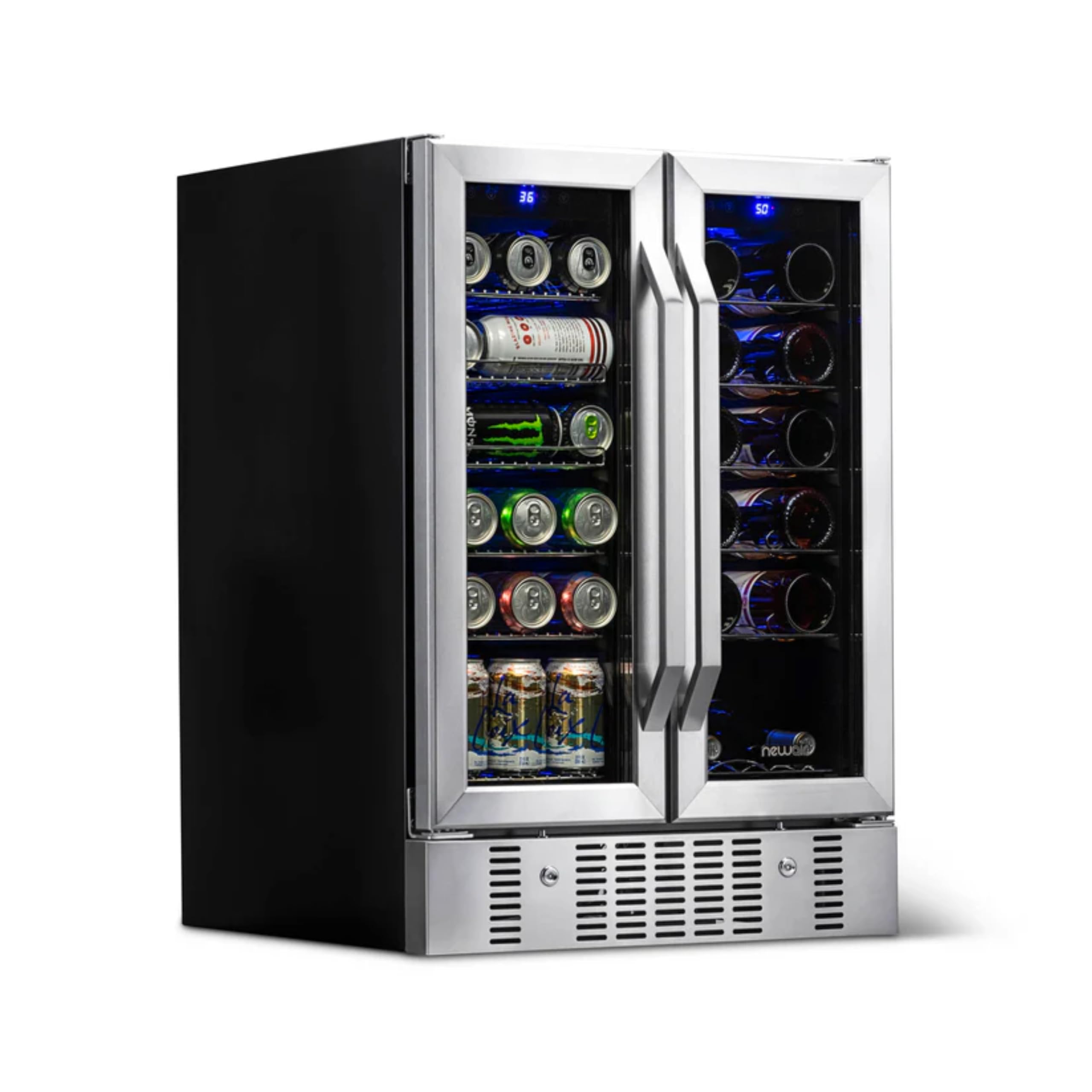 NewAir 24" Dual Zone Beverage Refrigerator & Wine Cooler for 18 Bottles & 60 Cans | Freestanding or Built-In Under Counter Mini Fridge for Beer, Wine and Soda | Stainless Steel | Fridge.com