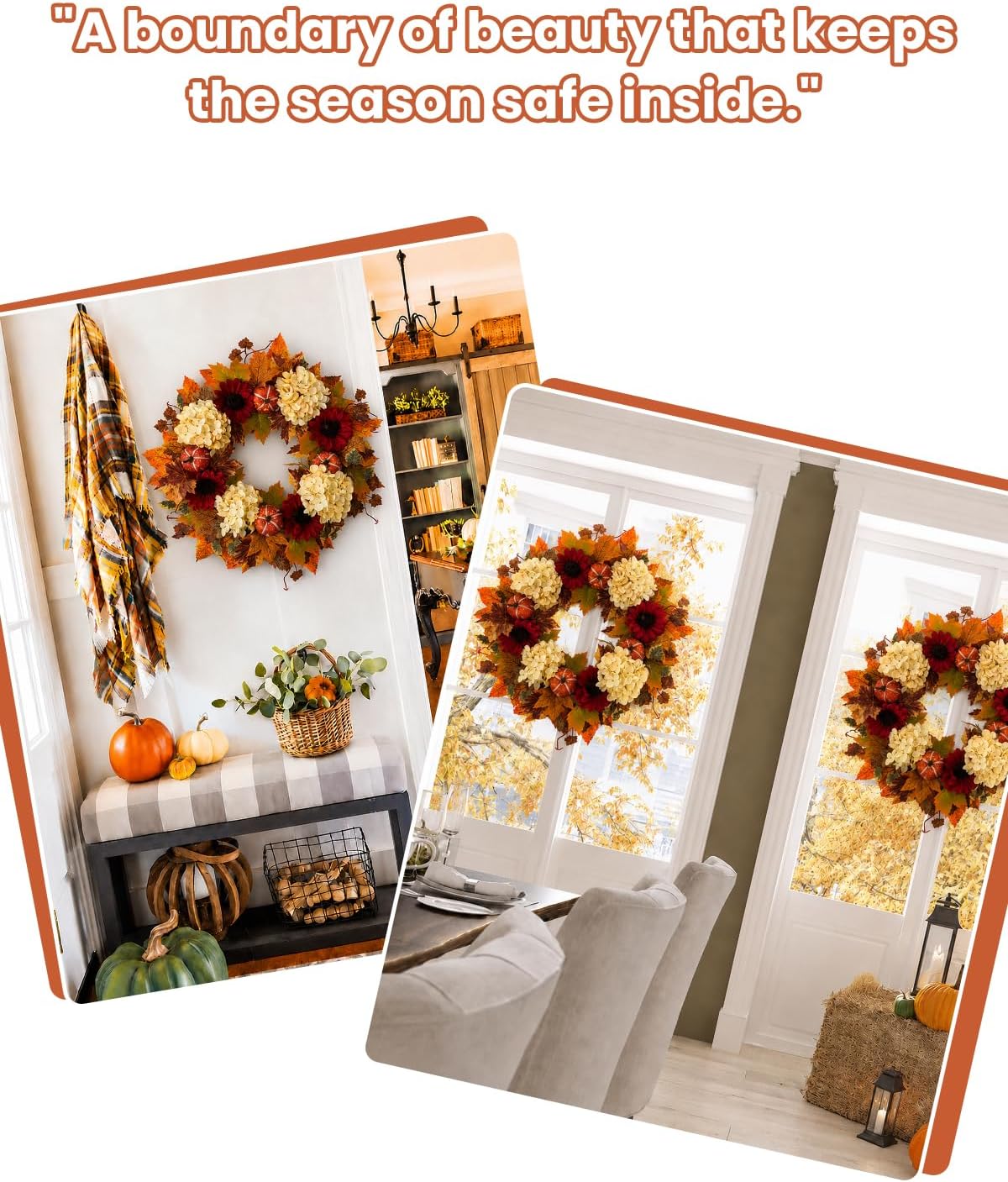 2pack 18Inch Fall Wreath for Front Door, Artificial Maple Leaves Autumn Wreath with Sunflowers & Pumpkins, Thanksgiving Harvest Decor for Farmhouse Porch, Indoor Outdoor Home Window Decor
