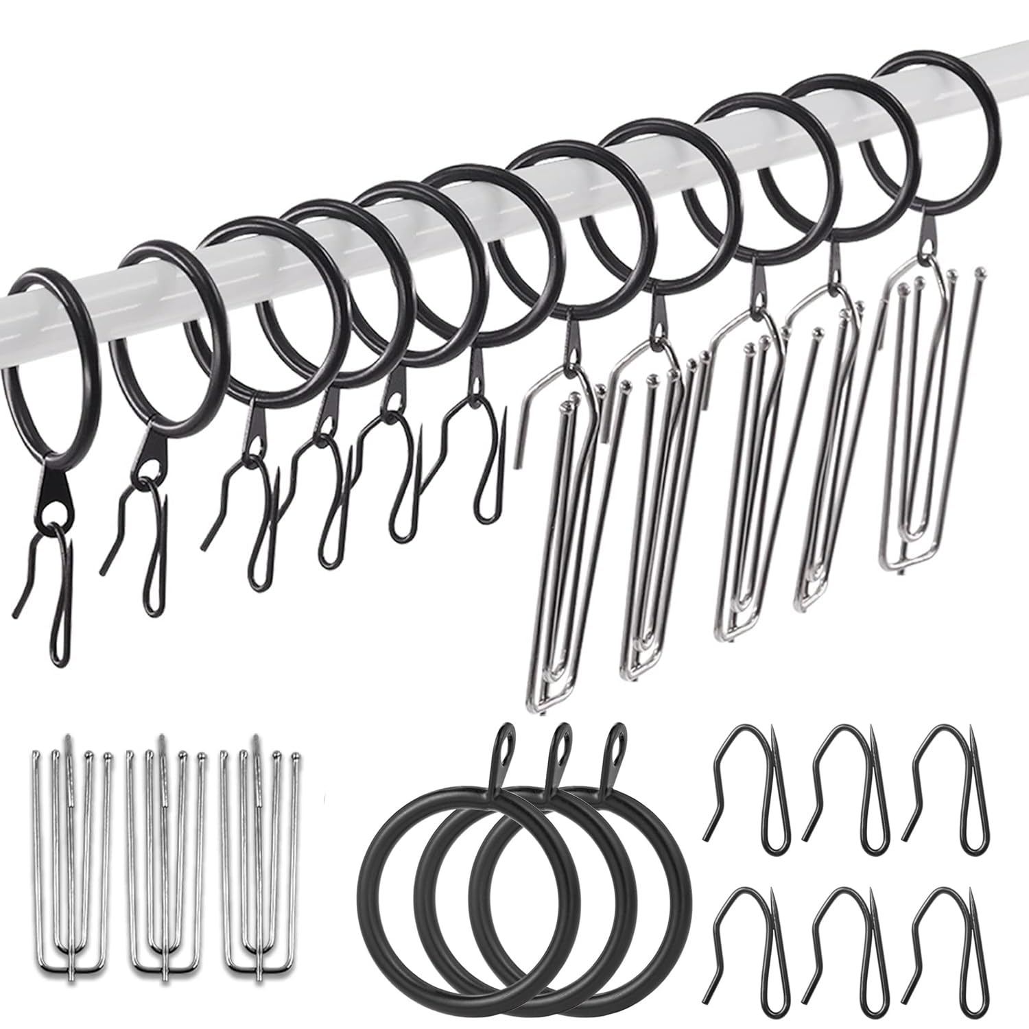 120 Pcs 2 Inch - 50mm Black Metal Drapery Curtain Rings Curtain Hanging Rings and Stainless Steel 4 Prongs Pinch Pleat Hook with Drapery Curtain Pin-on Hooks Pins for Bathroom, Living