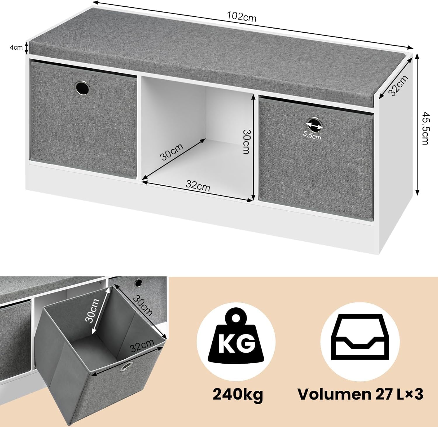 WOLTU Banco de Almacenaje, Baúl de Almacenaje con 3 Cajones de Tela, Banco Zapatero con Asiento Acolchado, Puff para Salon y Recibidor, Blanco+Gris