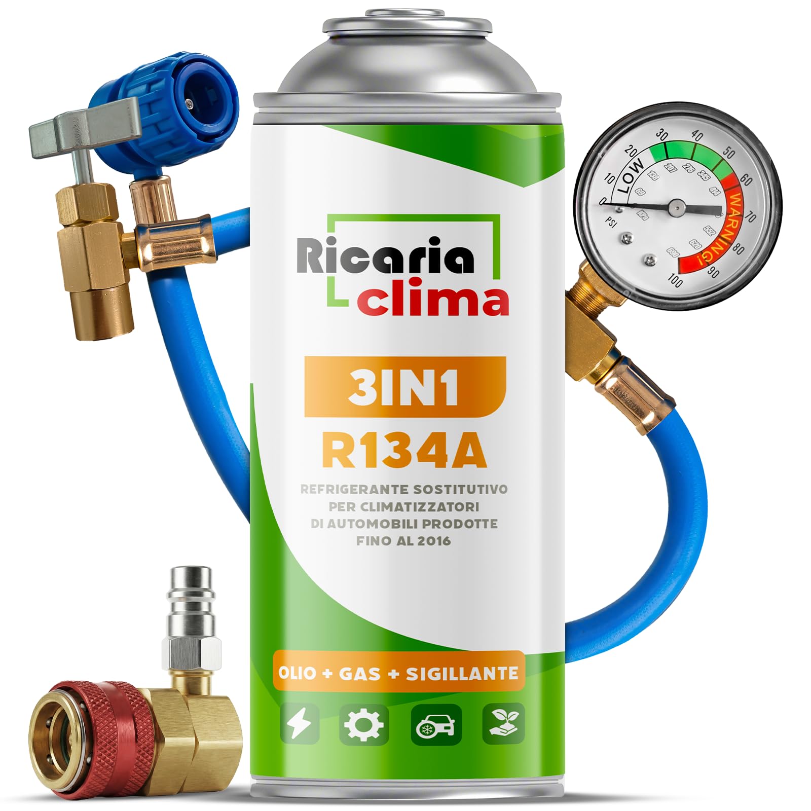 3-in-1 – Gas refrigerante R134a di sostituzione per climatizzatori auto con sigillante e olio – Set 1x235 g Bottiglia – Camper – Tubo + Adattatore HP/LP – ECO