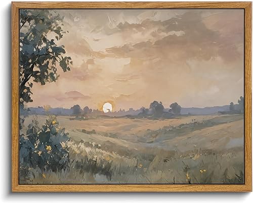 KISSFOX Arte de pared enmarcado vintage, paisaje de puesta de sol, arte de pared, arte de pared neutro de granja sereno, pinturas de campo, obras de