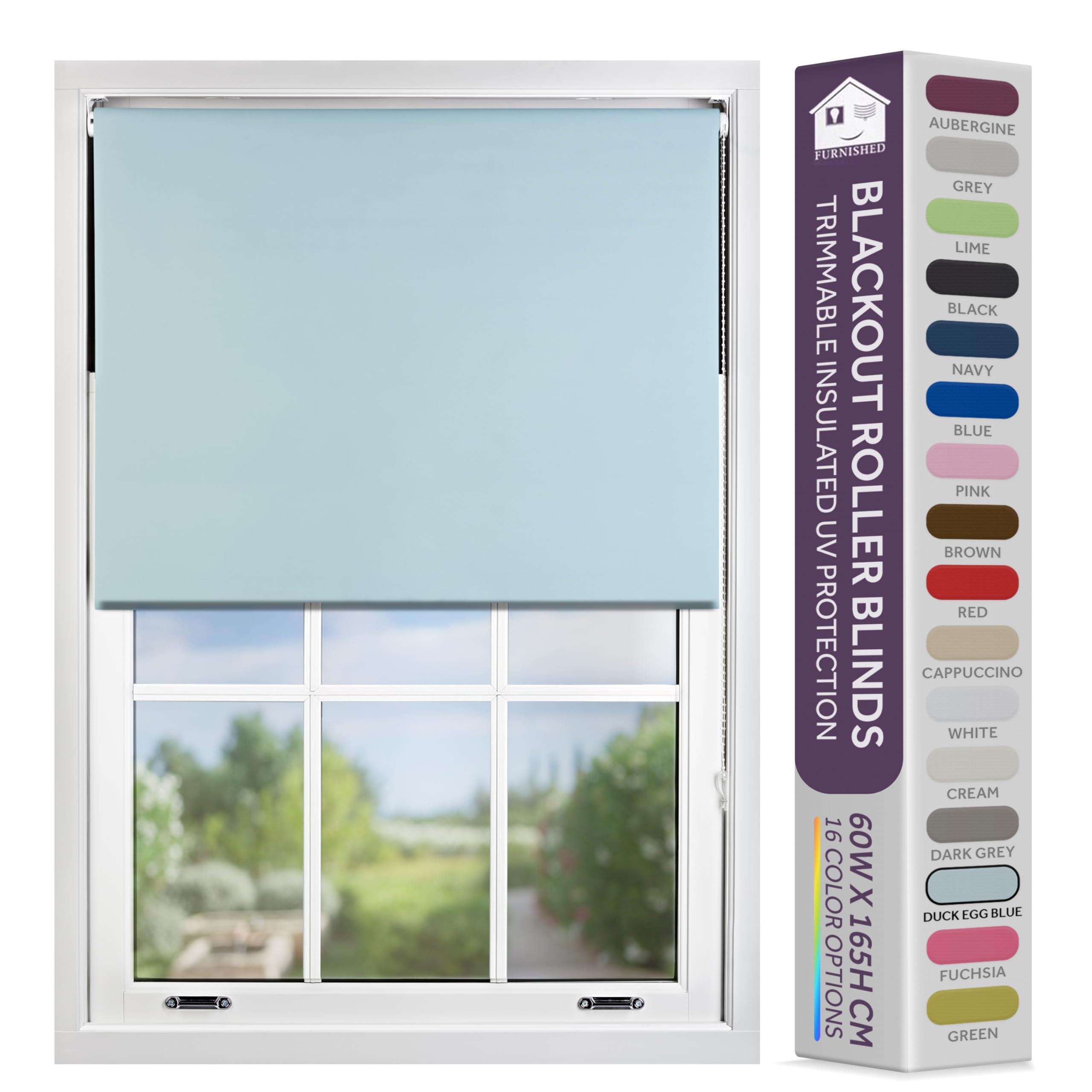 FURNISHED Blackout Roller Blind with Metal Fittings Trimmable Insulated Thermal Fabric Heavy-duty Easy Install Brackets Window Roller Blinds - Duck Egg Blue, 155W x 165H cm