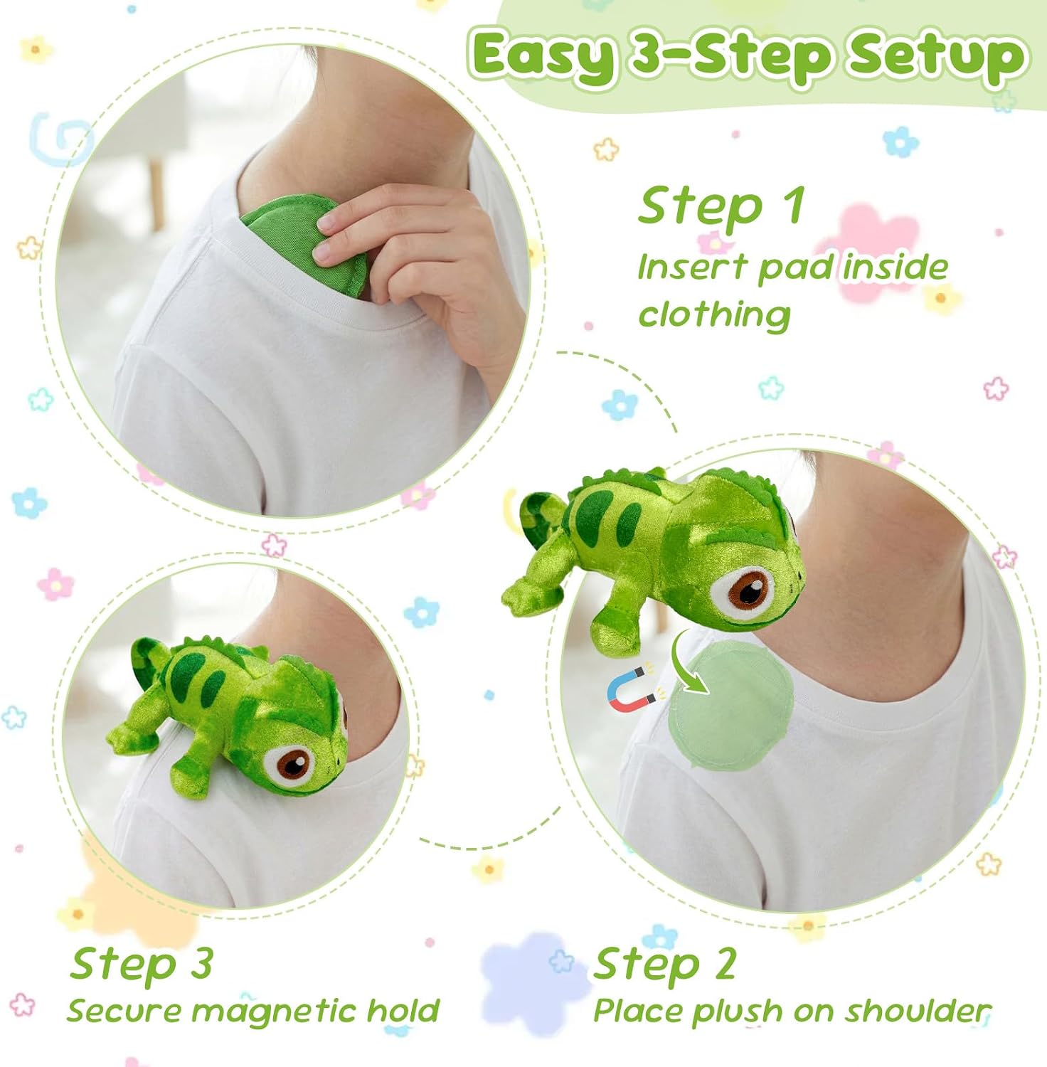 Magnetic Shoulder Plush Lizard Set with 2 Funny Hair Clips, Cute Stuffed Animal, Princess Plush Accessories, Chameleon Stuffed Animal, Reptile Toys for Kids Girls Dress Up & Gifts