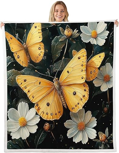 Yellow Butterfly Throw Flannel Blanket,Dreamy Animal Spring Garden Butterfly Fleece Throw Blanket for Home Decor Sofa Couch,White Daisy Flowers