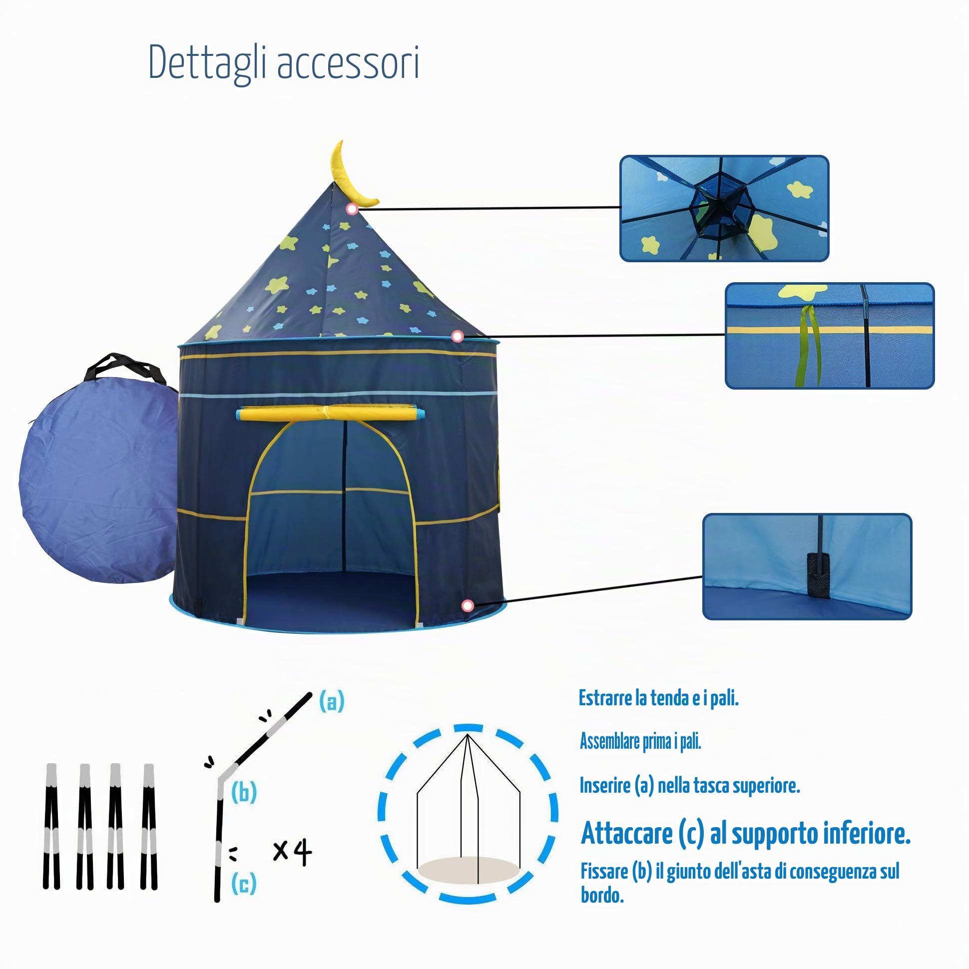Tenda per Bambini Casetta da Giardino per Bambini,casa dei Giochi Po-up, Incluso luci a stella,Certificato EN71, Toy Tenda per ragazzi e ragazze,Regalo per Bambini(Moon Blue)