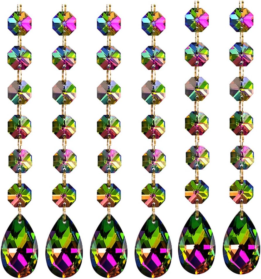 Teardrop Pendants Octagon Crystal Glass Beads Pendant for Chandelier Lamp Curtain Decor, 6-Pack (Colorful)